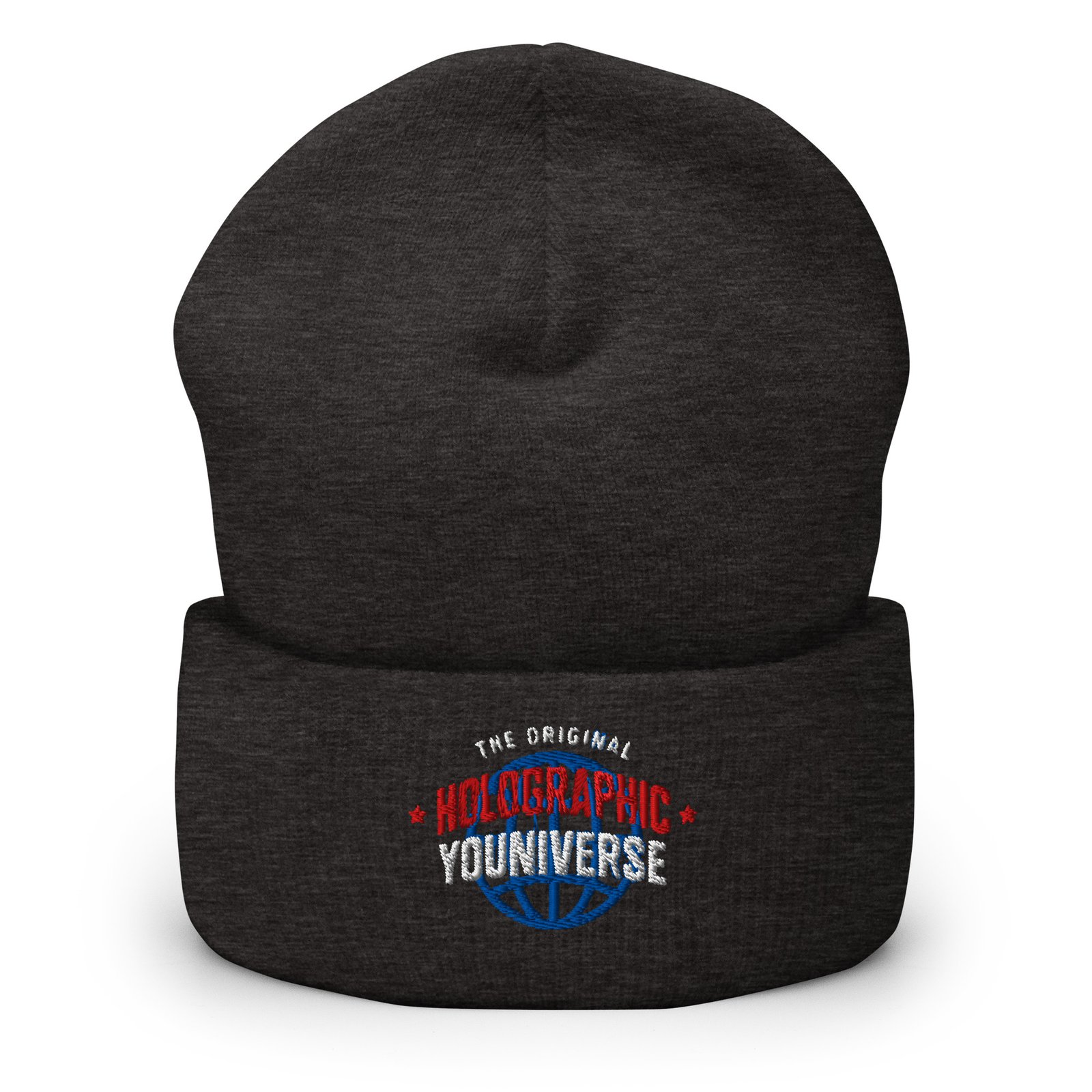 Holographic YOUniverse Hat – Holographic Universe Cuffed Beanie Unisex (White Text) - Image 6