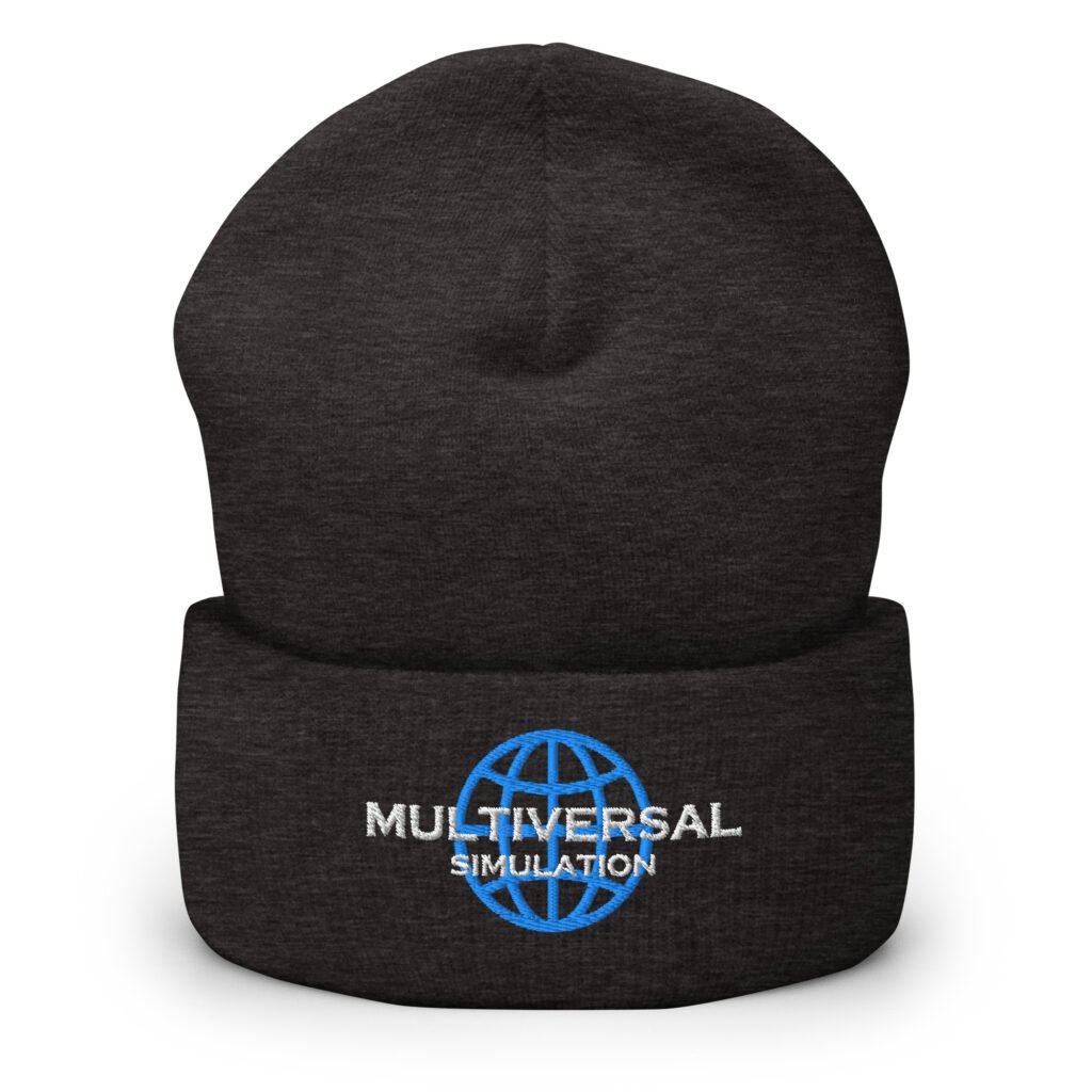 Multiversal Simulation Hat – Holographic Universe Cuffed Beanie Unisex (White Text)