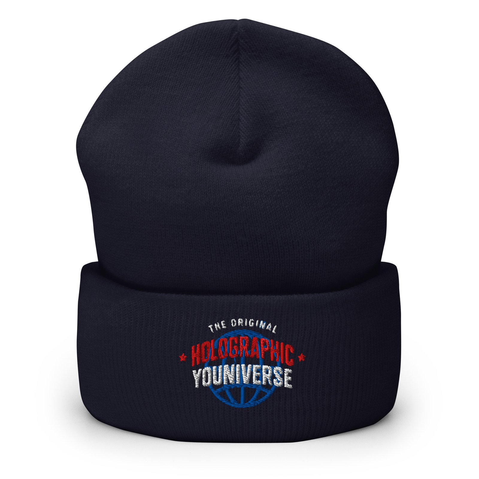 Holographic YOUniverse Hat – Holographic Universe Cuffed Beanie Unisex (White Text)