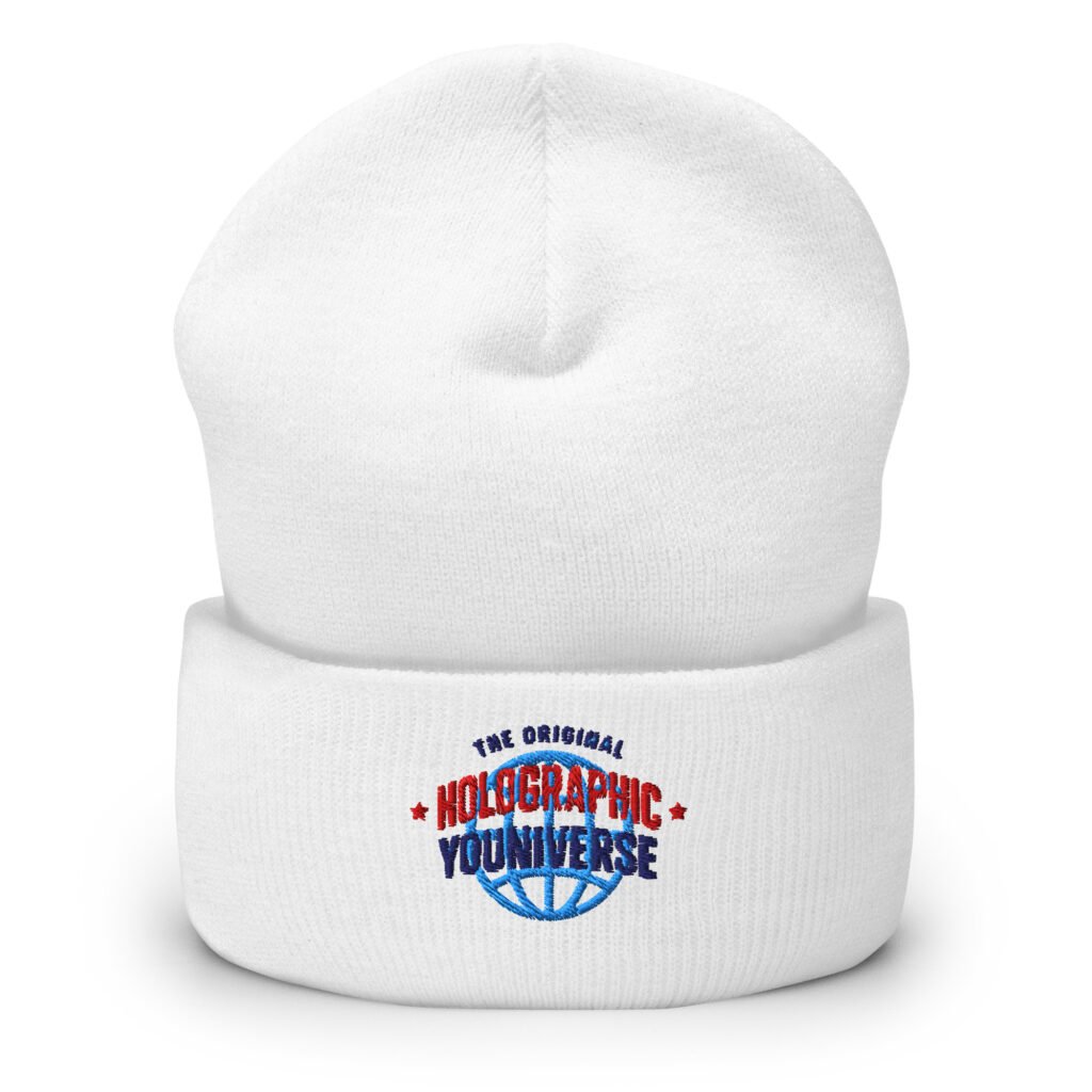 Holographic YOUniverse Hat – Holographic Universe Cuffed Beanie Unisex (Navy Text)