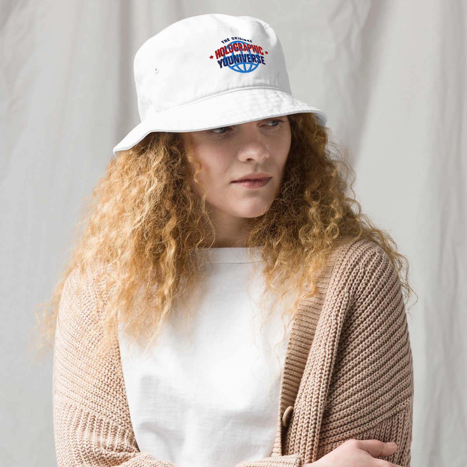 Holographic YOUniverse Bucket Hat – Unisex Organic Pure Cotton Summer Hat (Navy Text) - Image 7