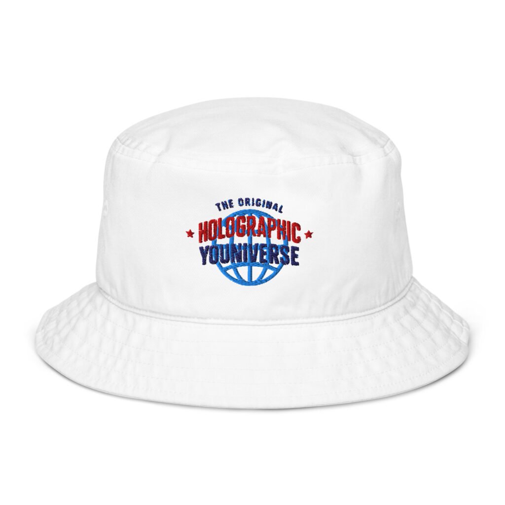 Holographic YOUniverse Bucket Hat – Unisex Organic Pure Cotton Summer Hat (Navy Text)