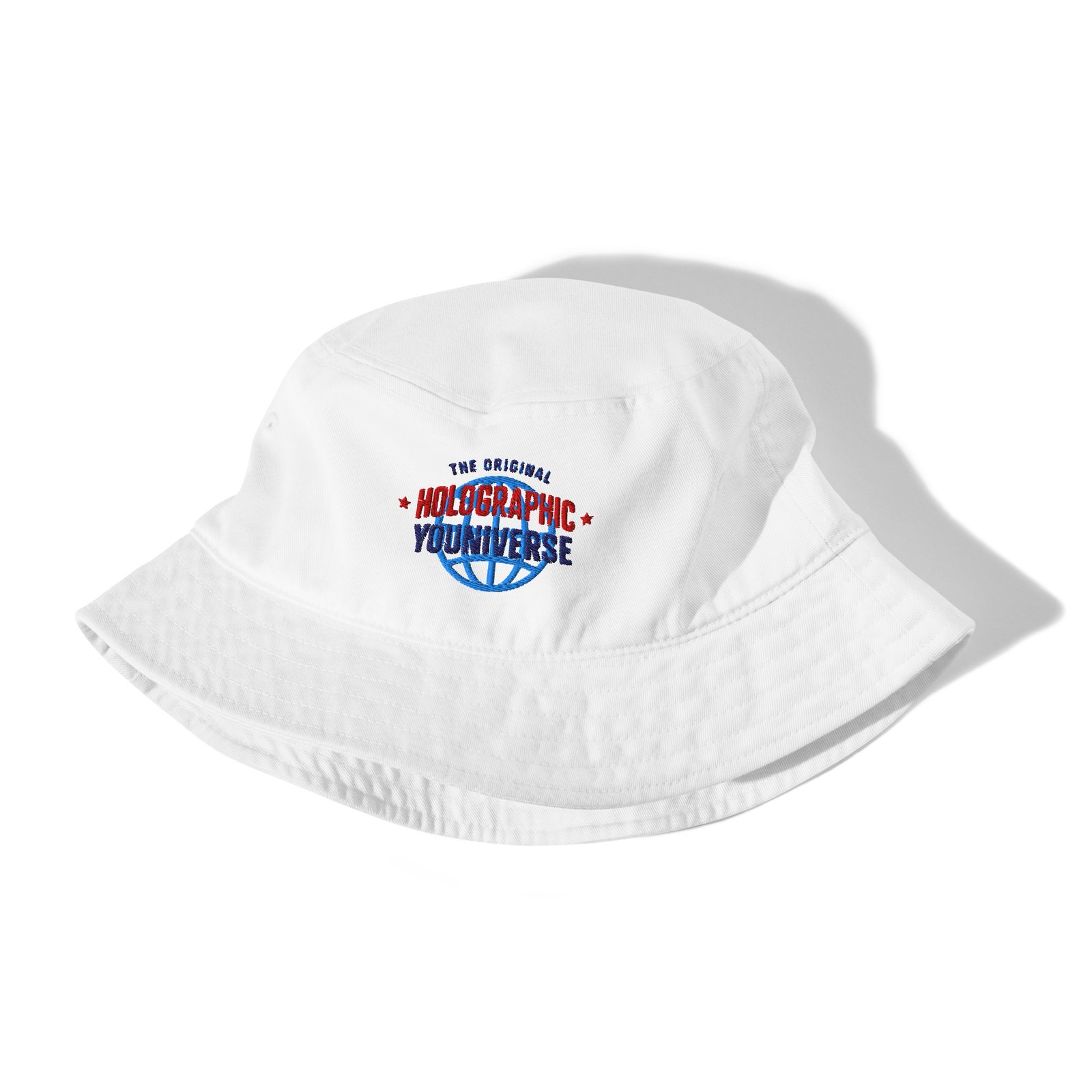 Holographic YOUniverse Bucket Hat – Unisex Organic Pure Cotton Summer Hat (Navy Text) - Image 3