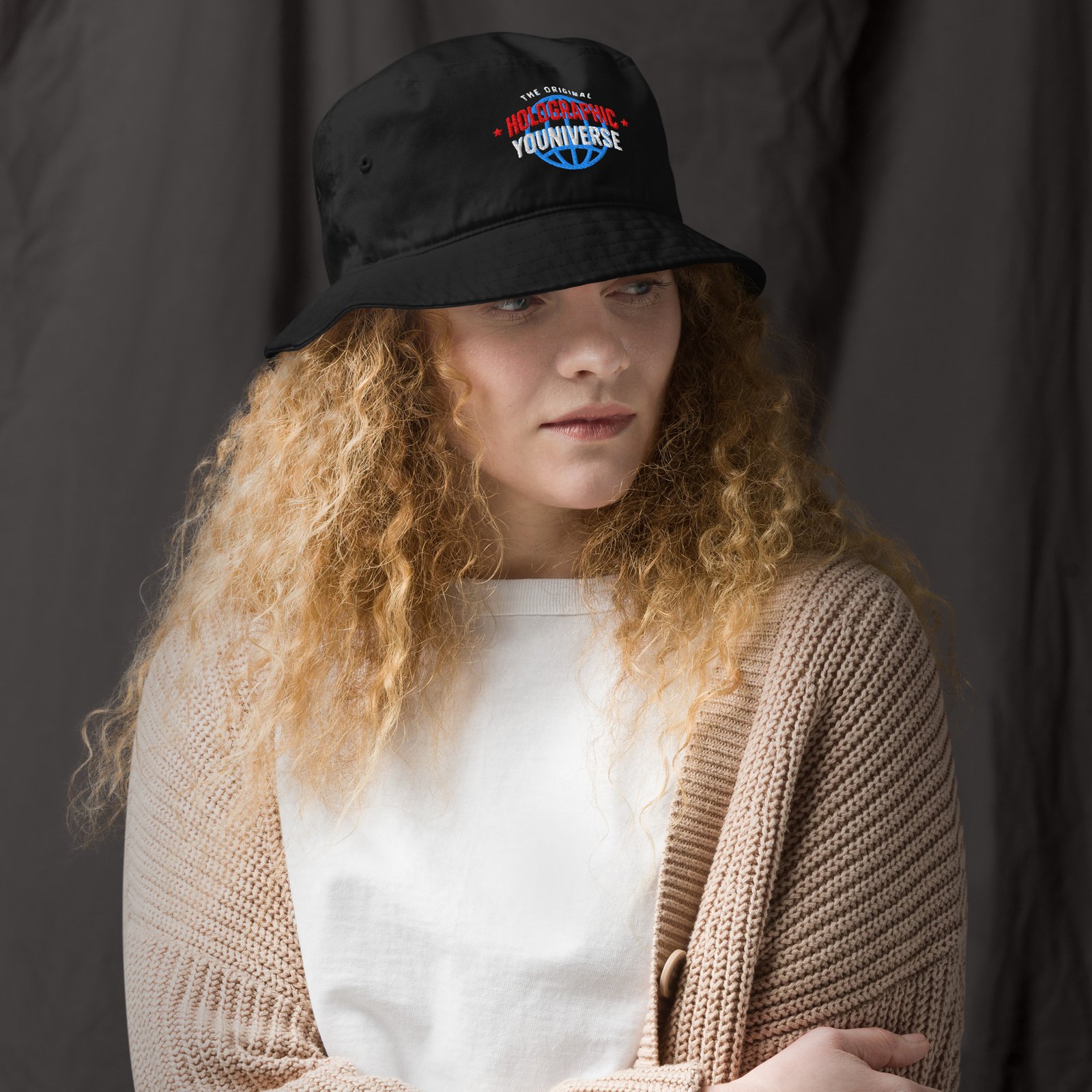 Holographic YOUniverse Bucket Hat – Unisex Organic Pure Cotton Summer Hat (White Text) - Image 8