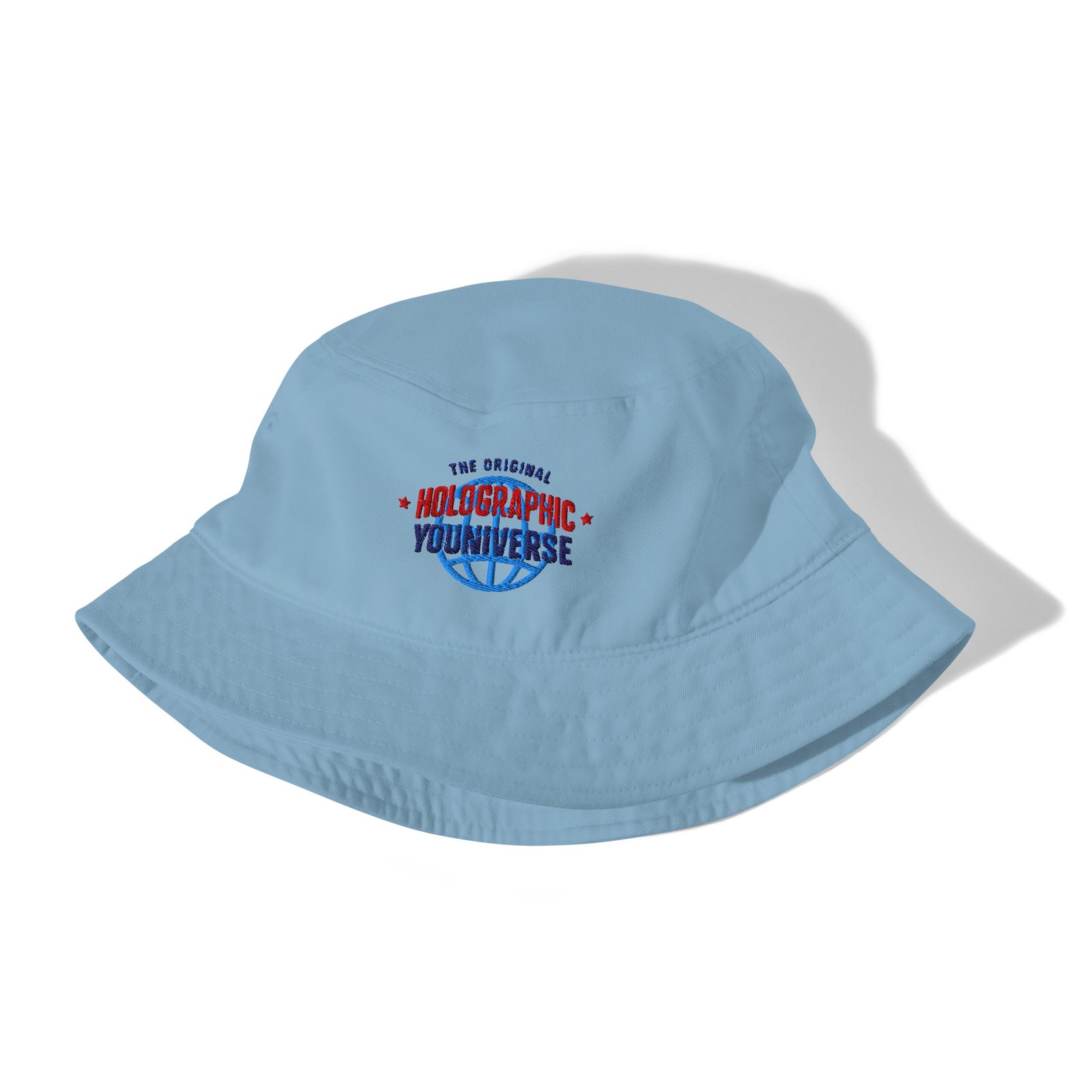 Holographic YOUniverse Bucket Hat – Unisex Organic Pure Cotton Summer Hat (Navy Text) - Image 11