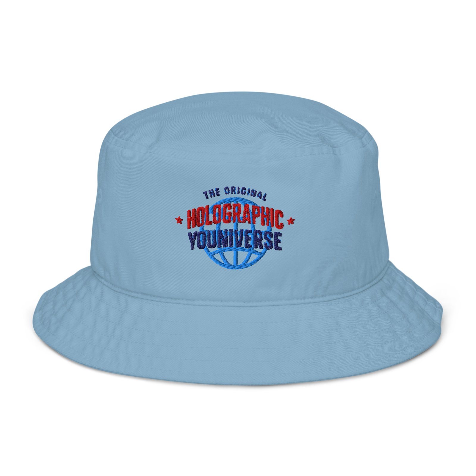 Holographic YOUniverse Bucket Hat – Unisex Organic Pure Cotton Summer Hat (Navy Text) - Image 9
