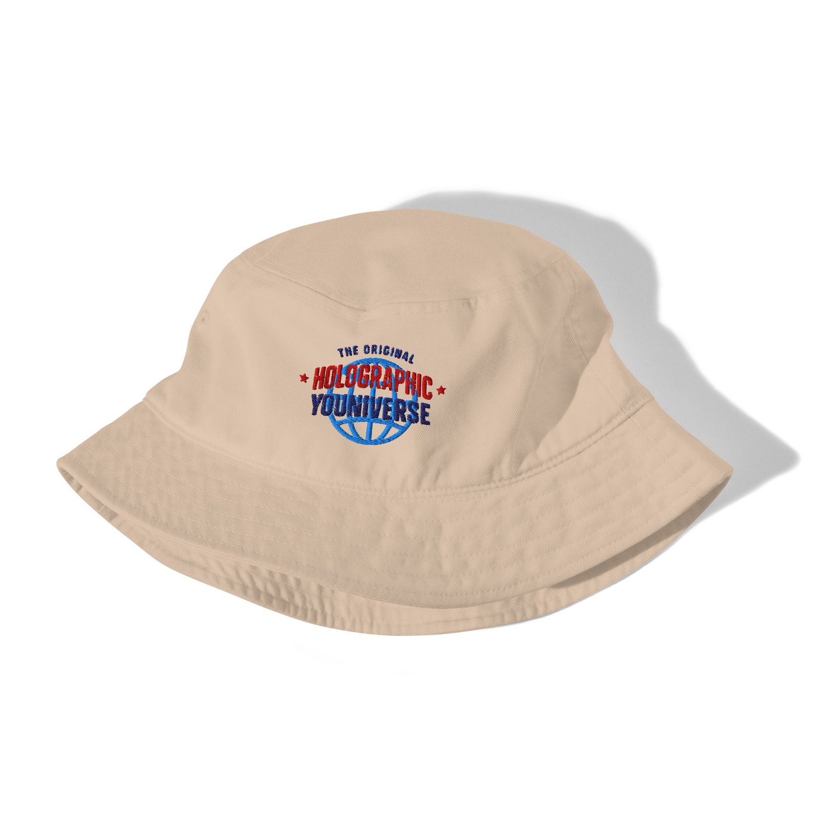 Holographic YOUniverse Bucket Hat – Unisex Organic Pure Cotton Summer Hat (Navy Text) - Image 15