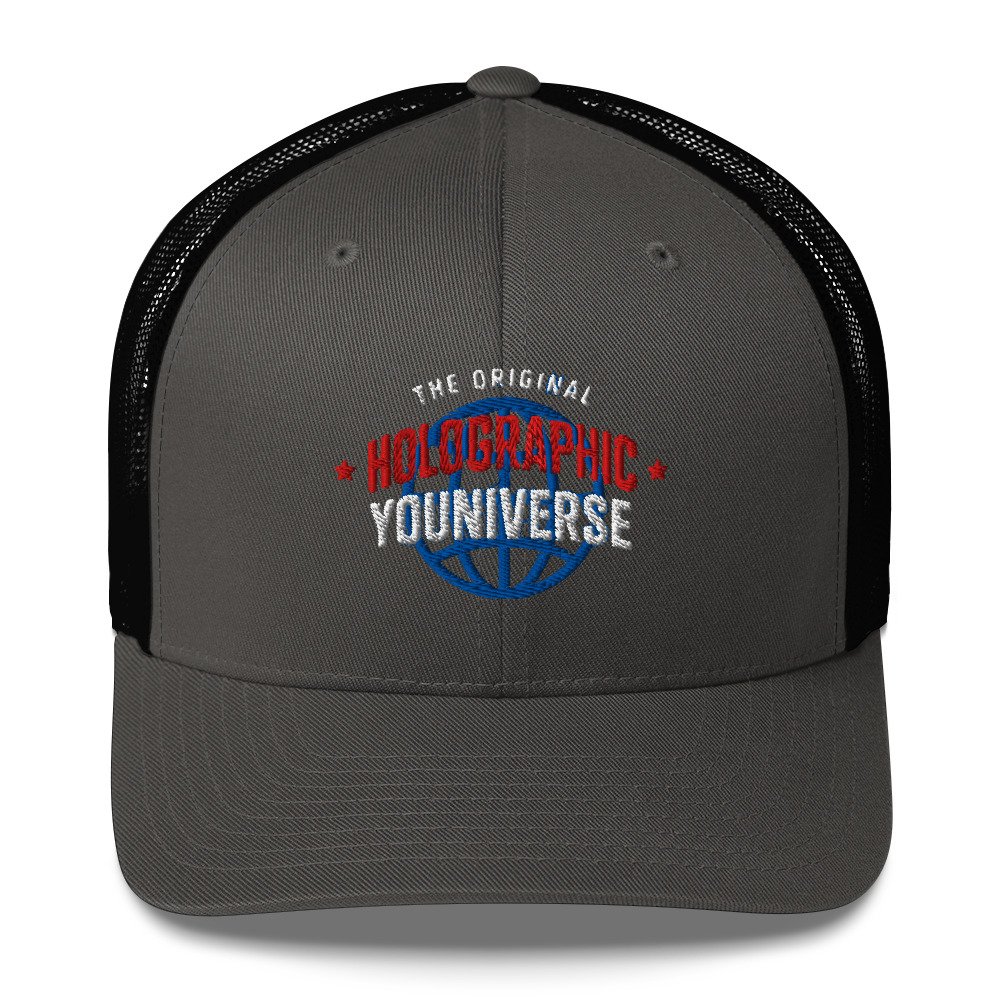 Holographic YOUniverse Trucker Cap – Holographic Universe Clothes Unisex (White Text) - Image 15