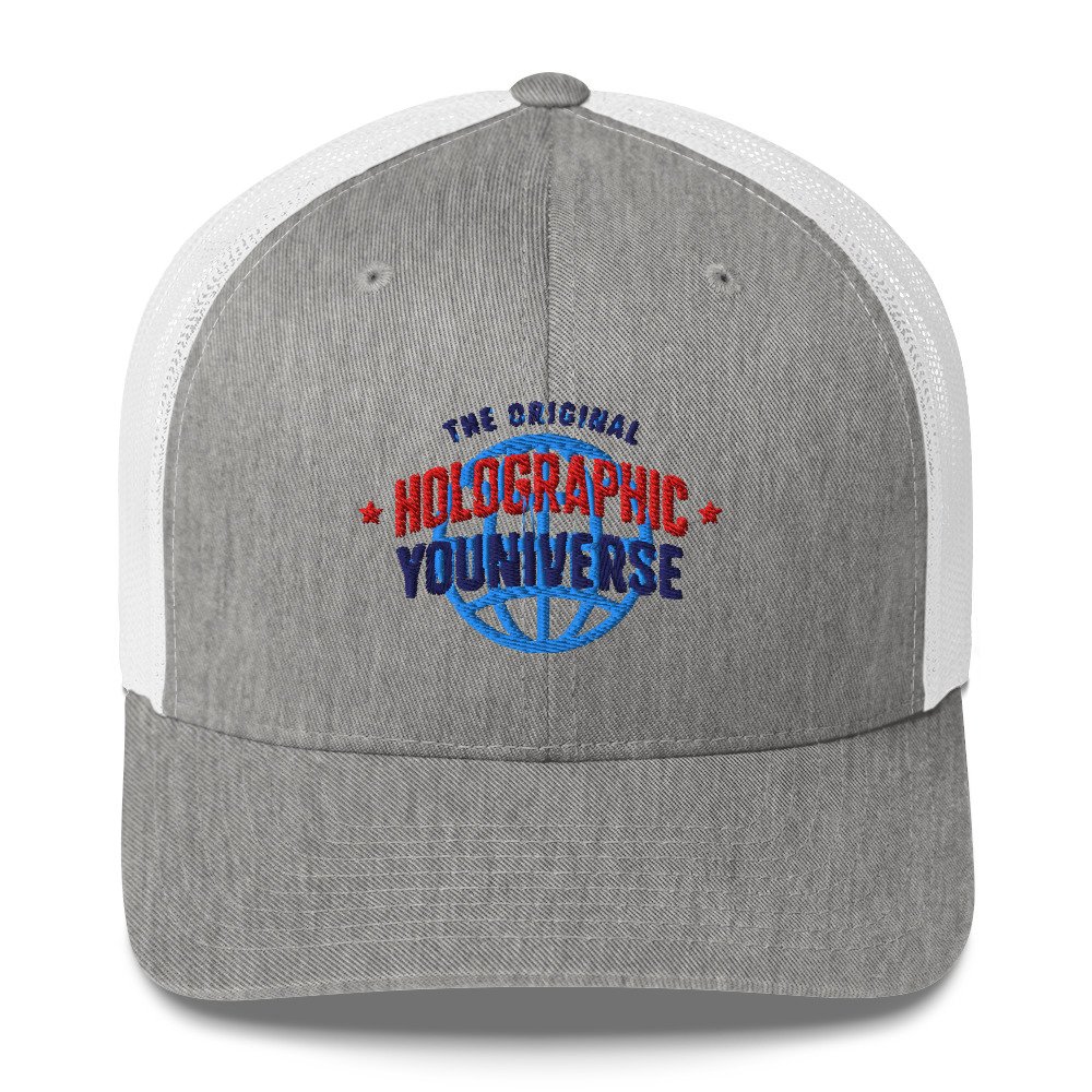 Holographic YOUniverse Trucker Cap – Holographic Universe Clothes Unisex (Navy Text) - Image 9