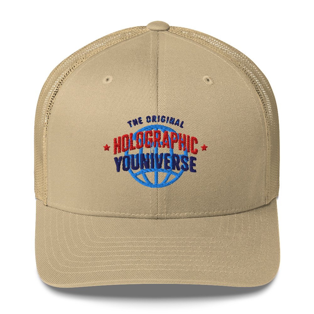 Holographic YOUniverse Trucker Cap – Holographic Universe Clothes Unisex (Navy Text) - Image 13