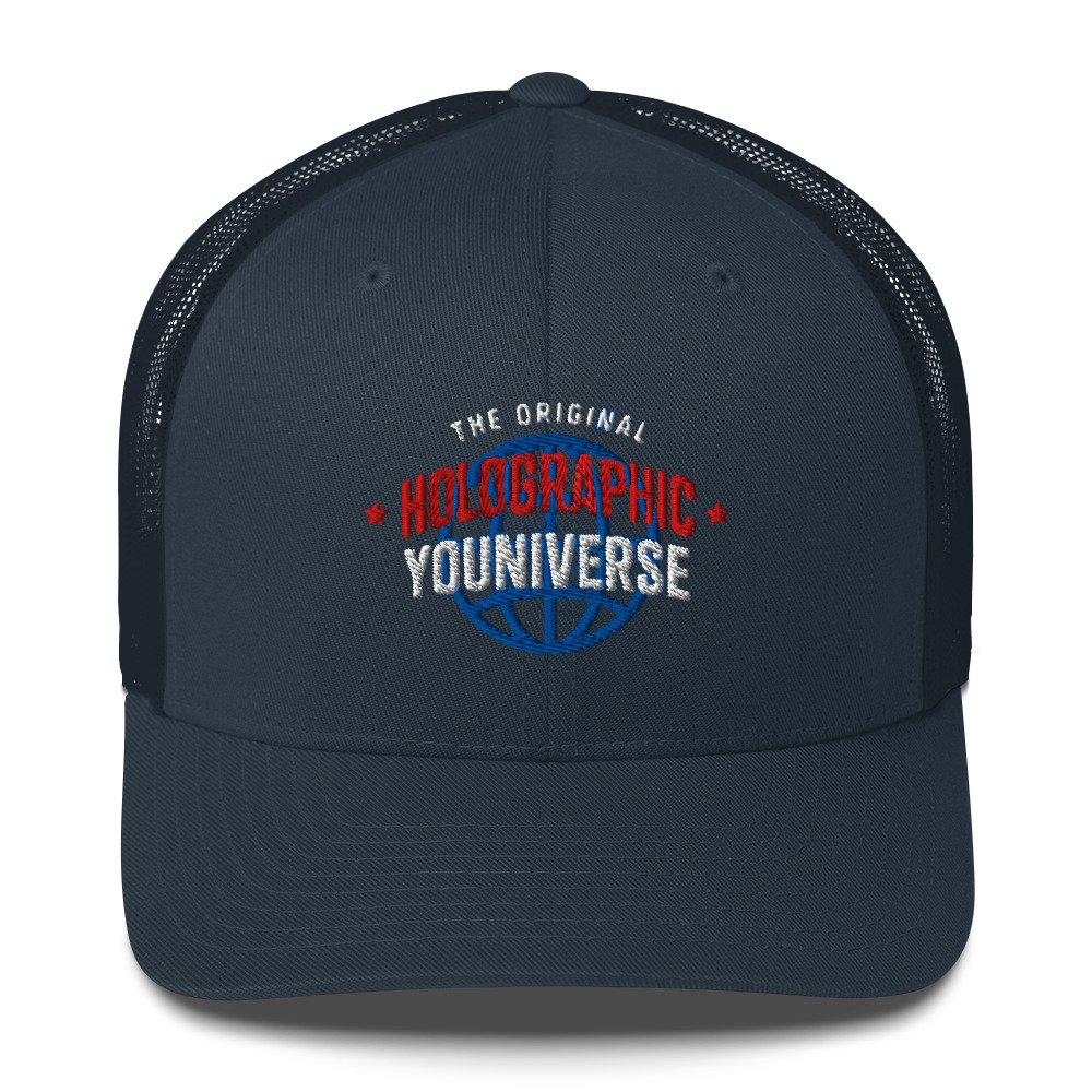 Holographic YOUniverse Trucker Cap – Holographic Universe Clothes Unisex (White Text) - Image 13