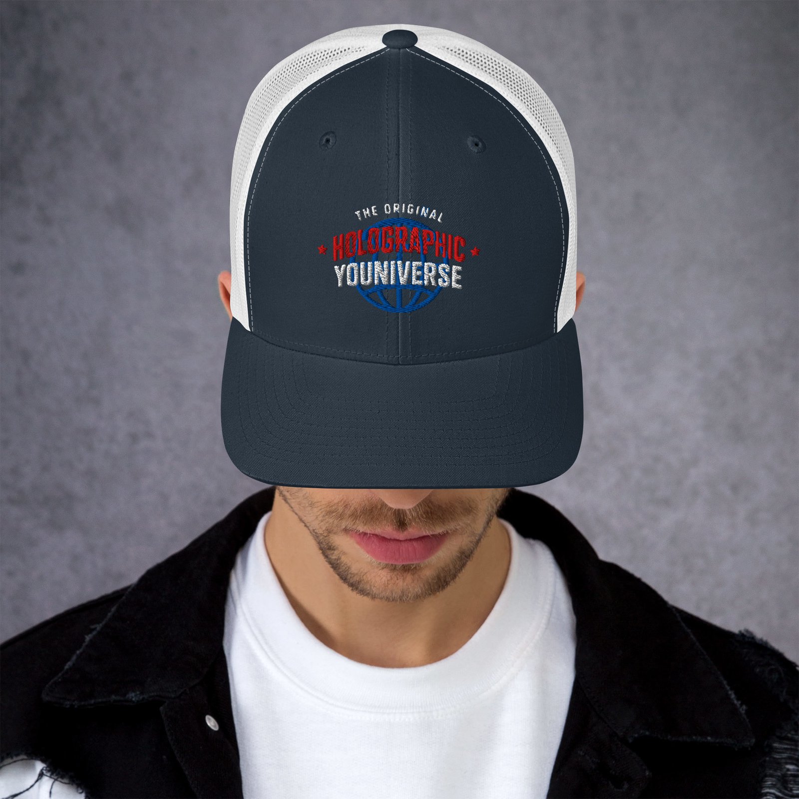 Holographic YOUniverse Trucker Cap – Holographic Universe Clothes Unisex (White Text) - Image 2