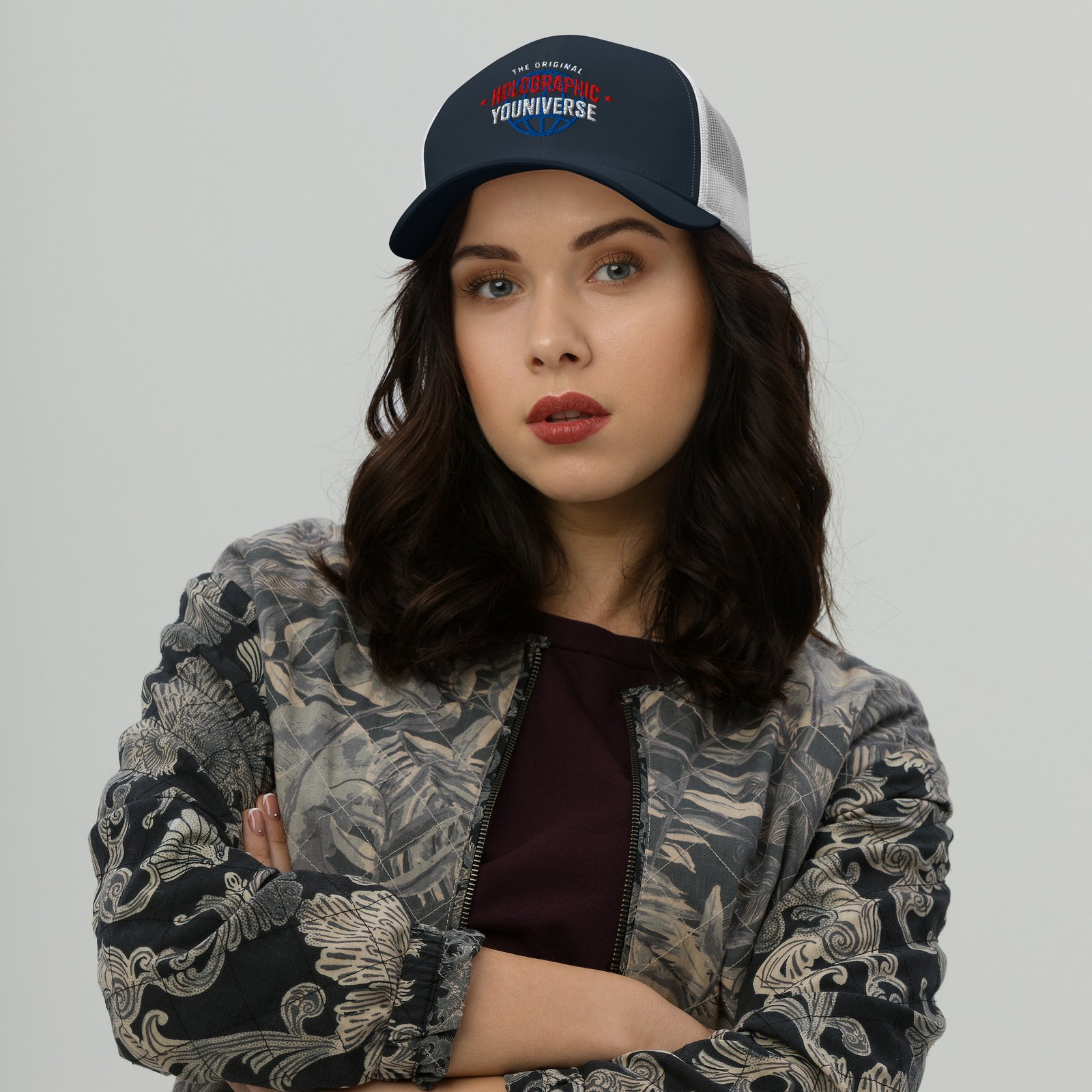 Holographic YOUniverse Trucker Cap – Holographic Universe Clothes Unisex (White Text) - Image 7