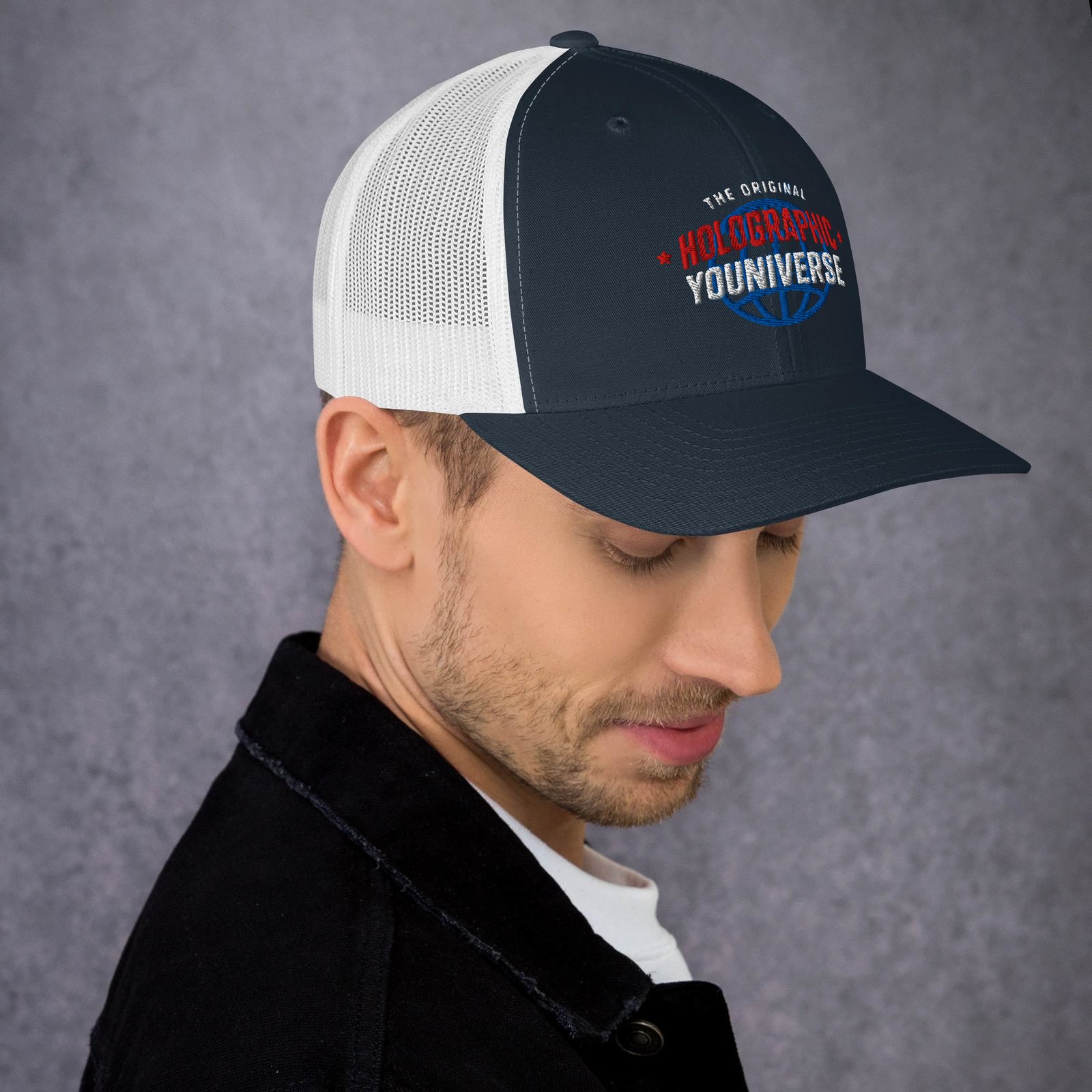 Holographic YOUniverse Trucker Cap – Holographic Universe Clothes Unisex (White Text) - Image 3