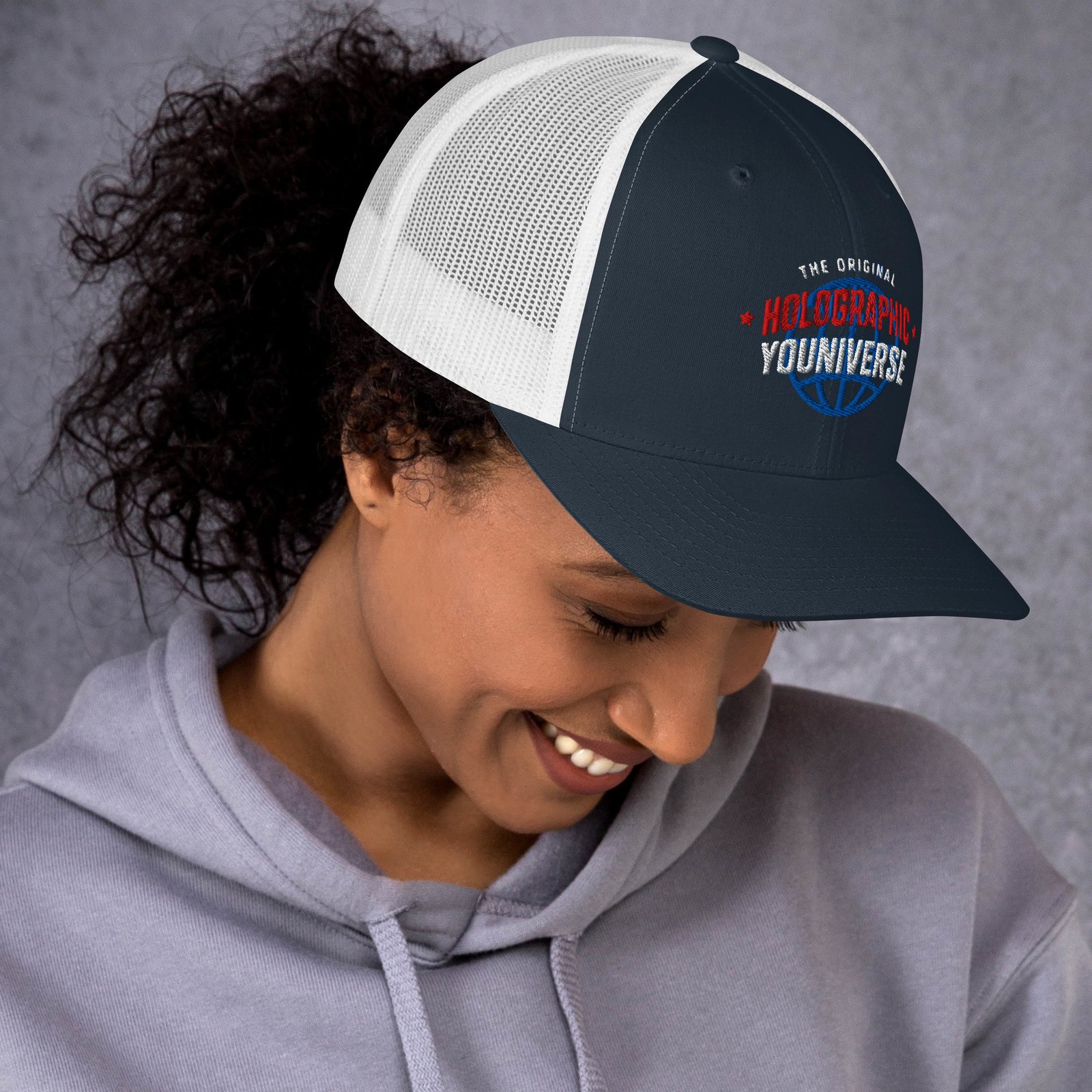 Holographic YOUniverse Trucker Cap – Holographic Universe Clothes Unisex (White Text) - Image 5