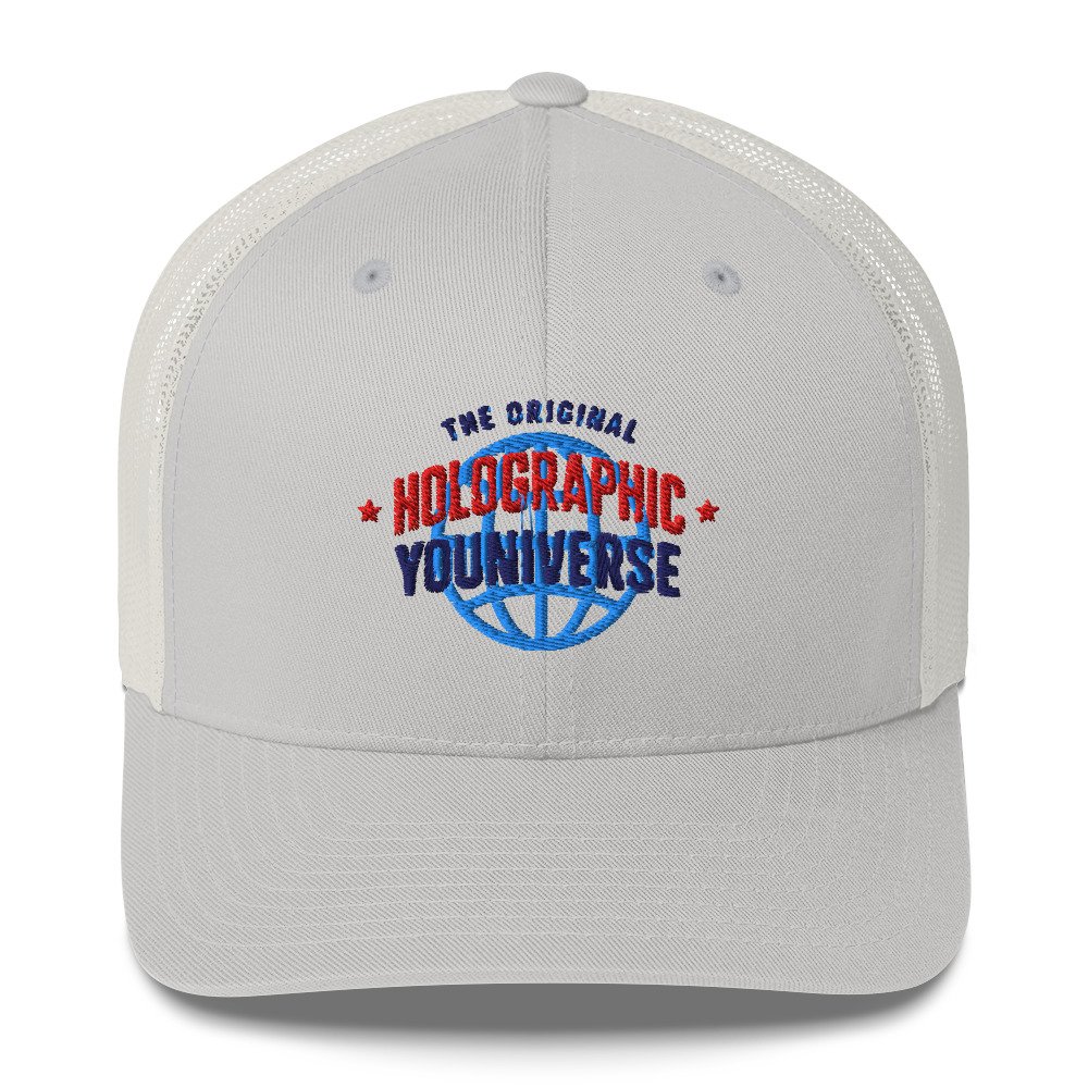 Holographic YOUniverse Trucker Cap – Holographic Universe Clothes Unisex (Navy Text) - Image 11