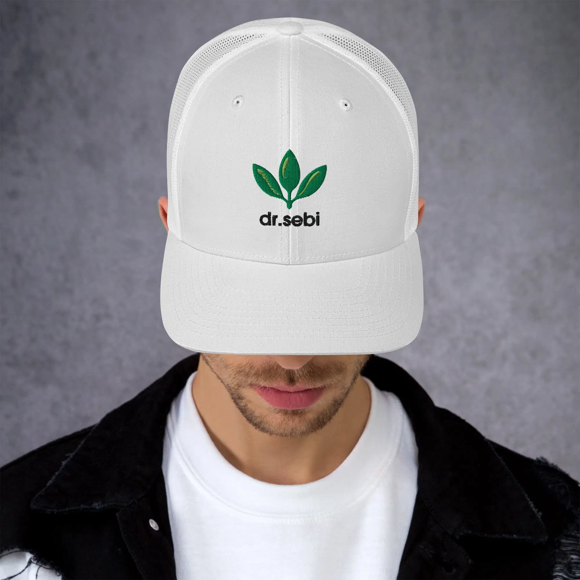 Dr. Sebi Trucker Cap – Inspirational Unisex Hat | Herbalist Clothes (Black Text) - Image 2