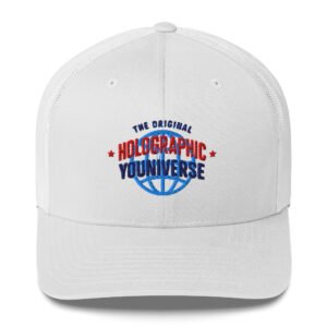 Holographic YOUniverse Trucker Cap – Holographic Universe Clothes Unisex (Navy Text)