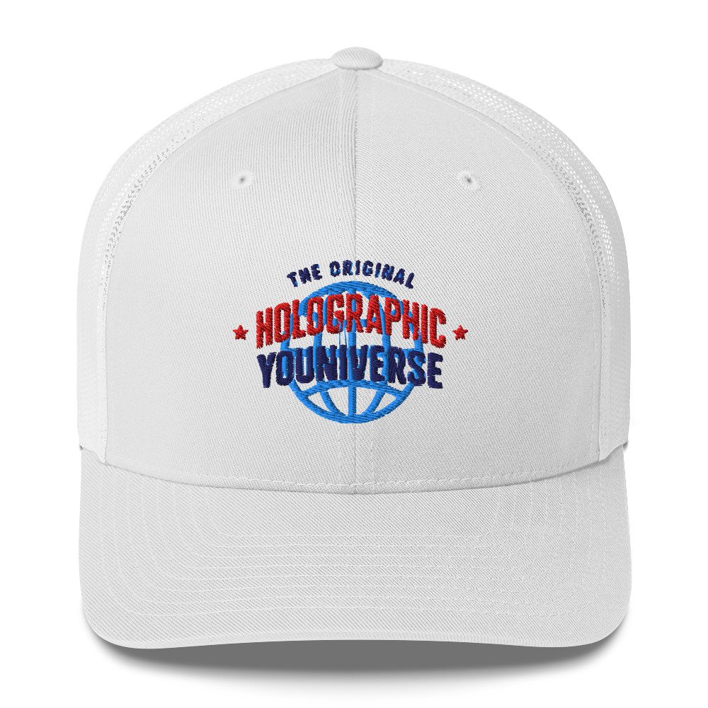 Holographic YOUniverse Trucker Cap – Holographic Universe Clothes Unisex (Navy Text)