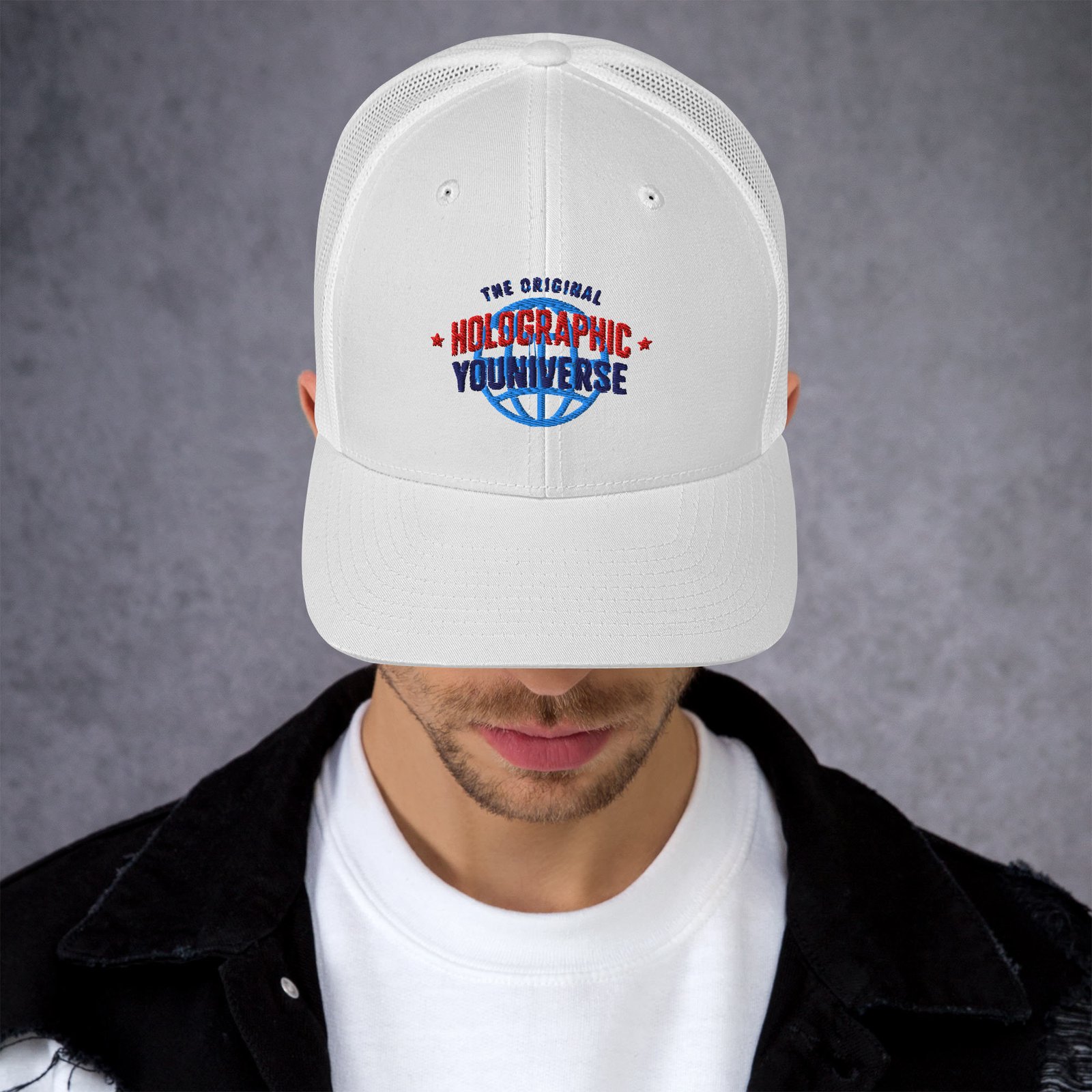 Holographic YOUniverse Trucker Cap – Holographic Universe Clothes Unisex (Navy Text) - Image 2