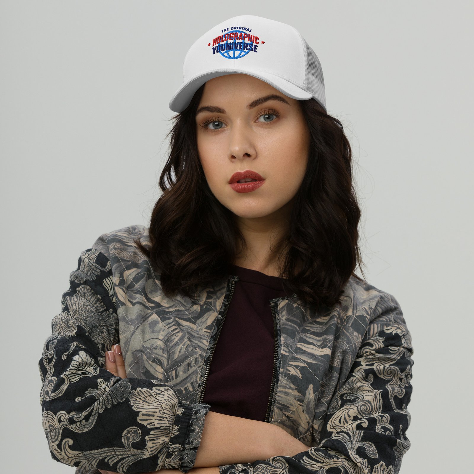 Holographic YOUniverse Trucker Cap – Holographic Universe Clothes Unisex (Navy Text) - Image 7