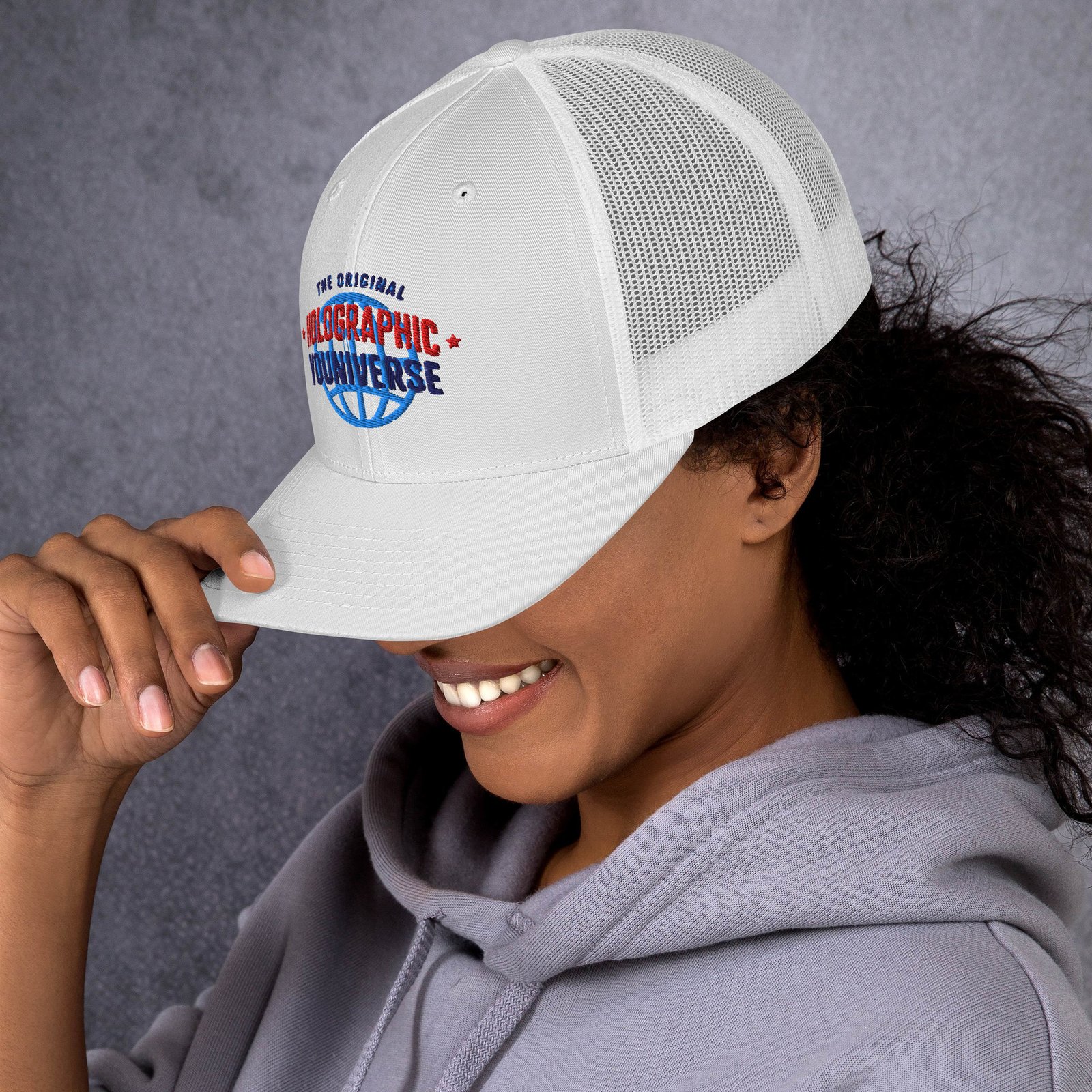 Holographic YOUniverse Trucker Cap – Holographic Universe Clothes Unisex (Navy Text) - Image 4