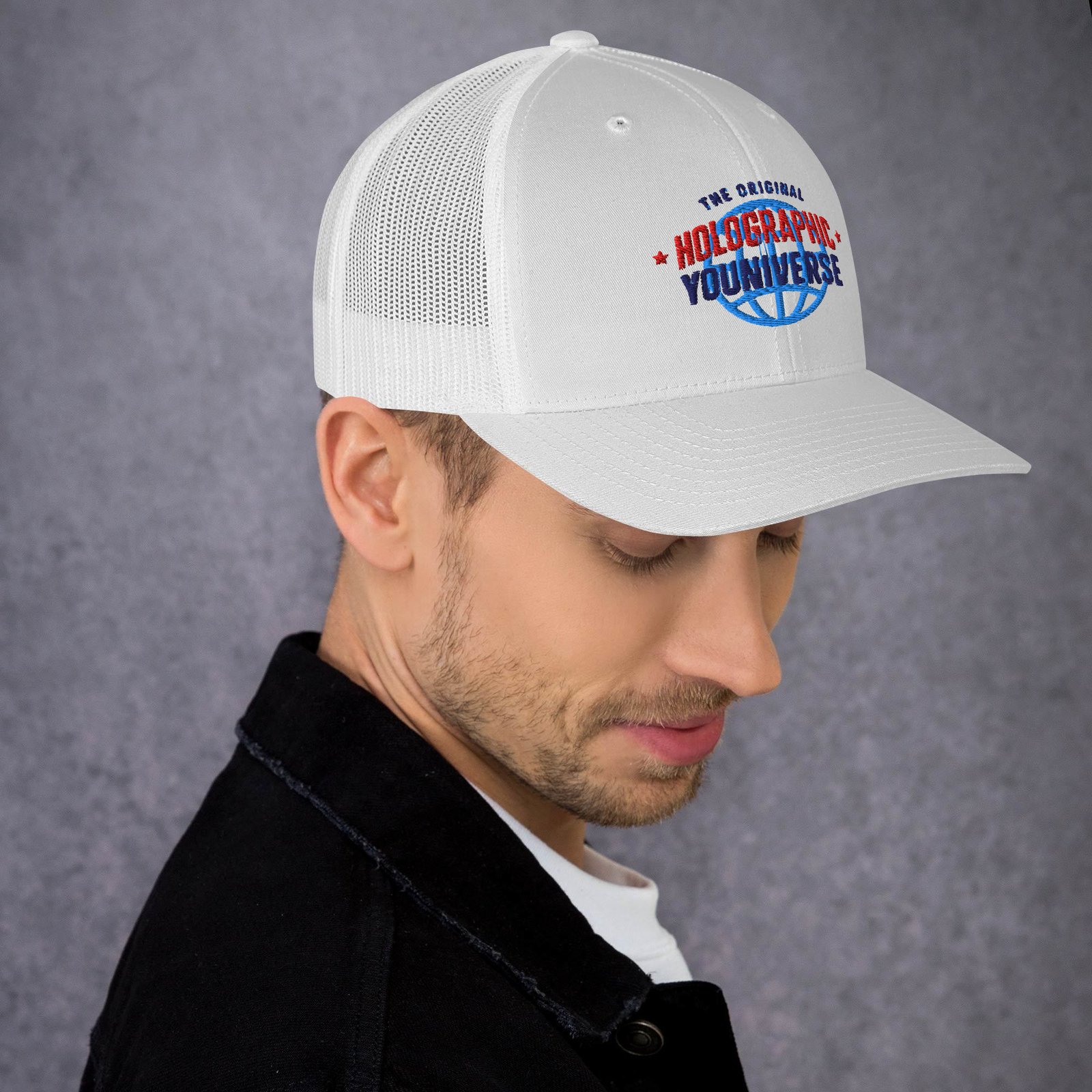 Holographic YOUniverse Trucker Cap – Holographic Universe Clothes Unisex (Navy Text) - Image 3