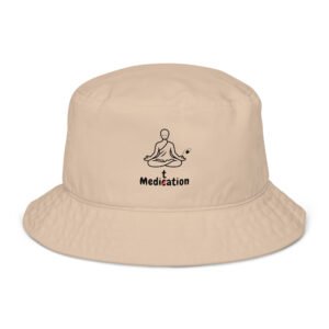 Meditation Bucket Hat – Unisex Organic Pure Cotton Summer Hat | Meditate Medication Clothes (Black Text)