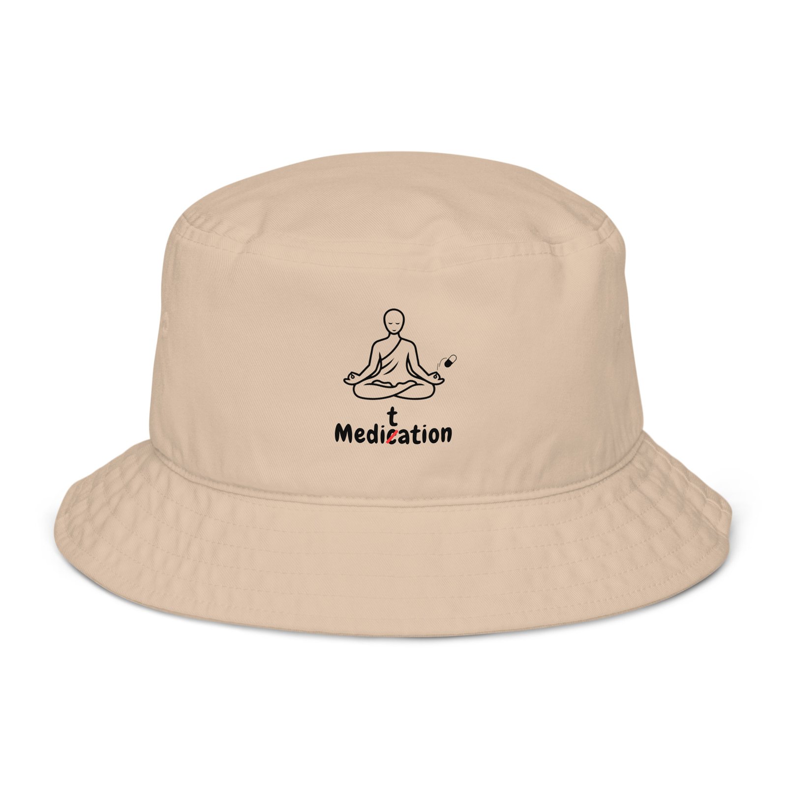 Meditation Bucket Hat – Unisex Organic Pure Cotton Summer Hat | Meditate Medication Clothes (Black Text)