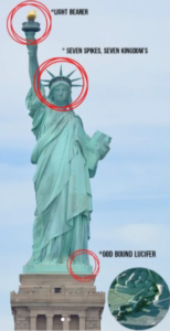 statue of liberty lucifer comparison similarities torch light fire chains seven points crown