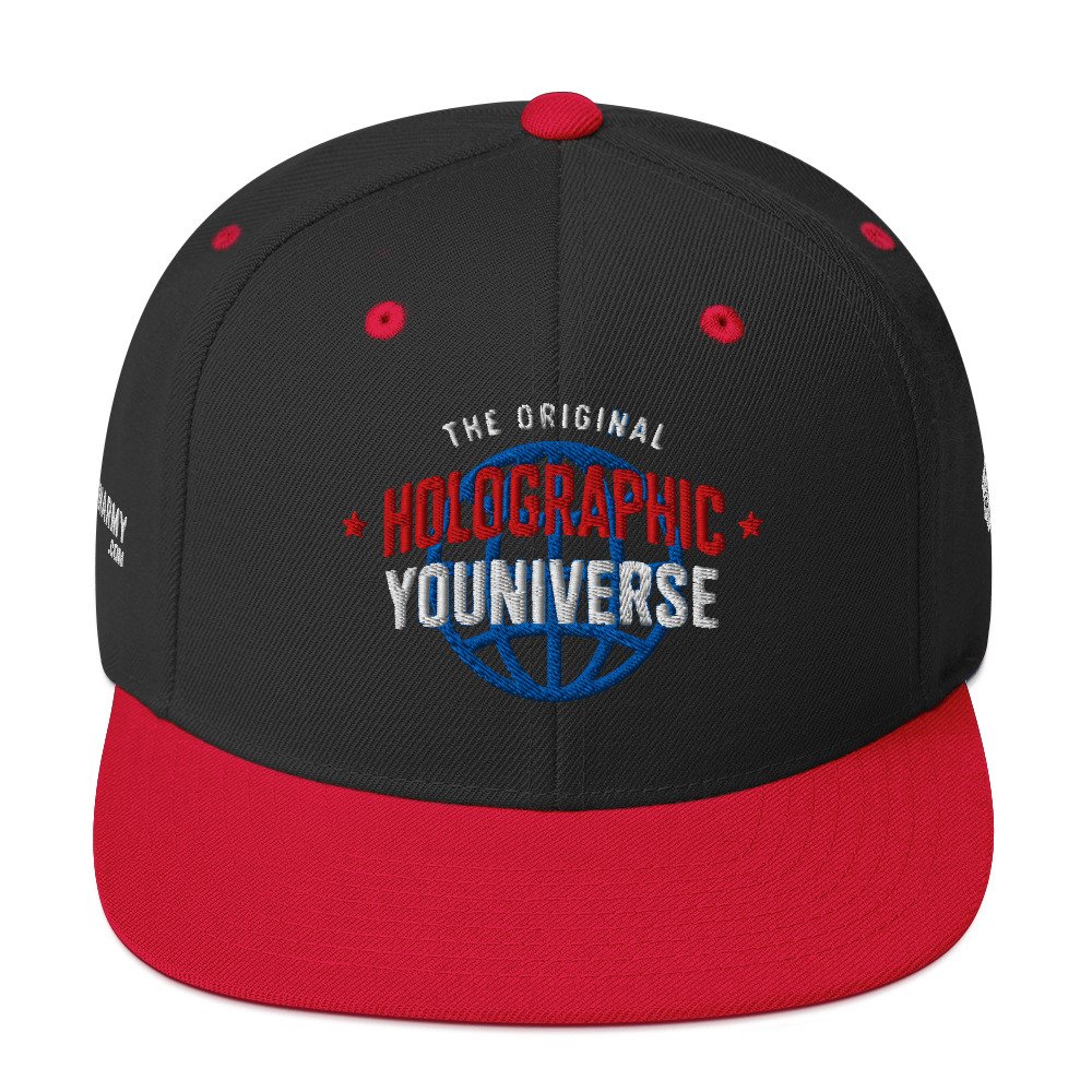 Holographic YOUniverse Snapback Cap – Holographic Universe Clothes Unisex (White Text) - Image 13