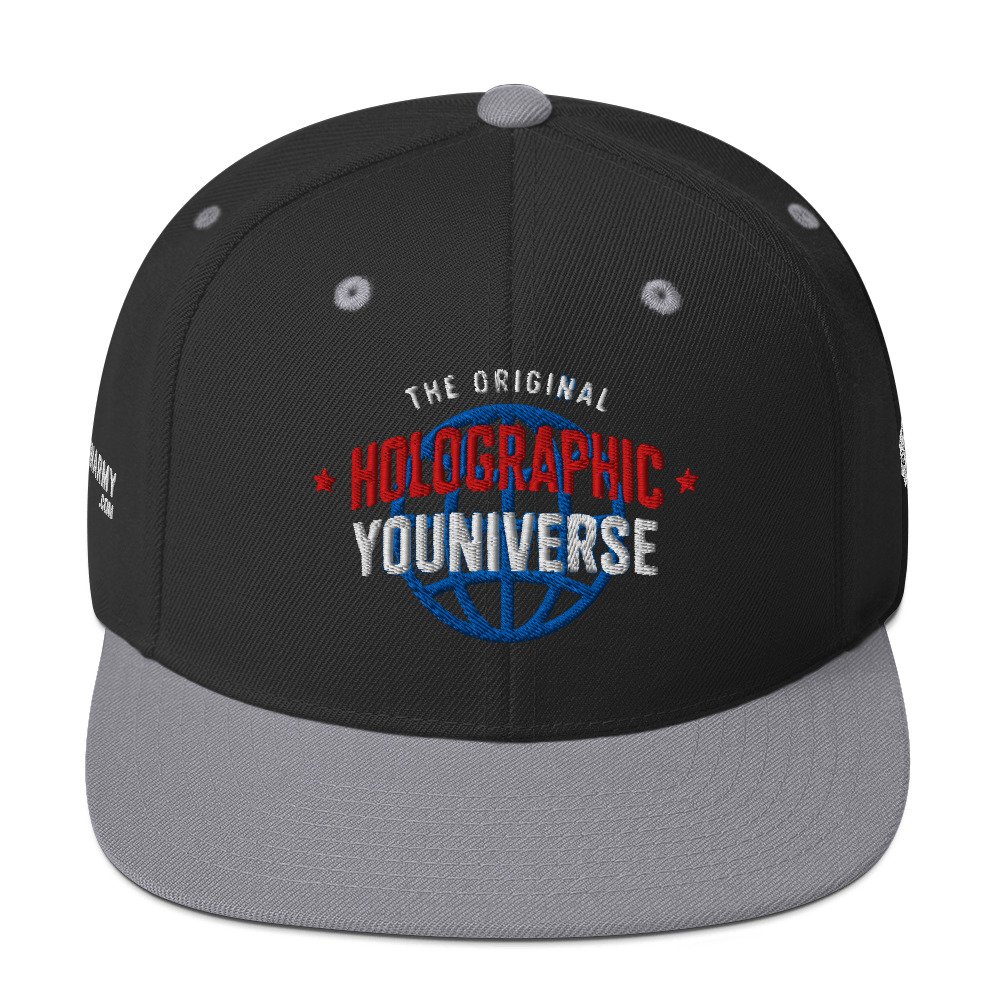 Holographic YOUniverse Snapback Cap – Holographic Universe Clothes Unisex (White Text) - Image 21