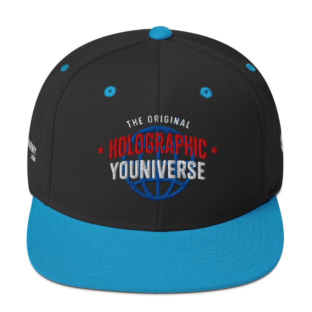 Holographic YOUniverse Snapback Cap – Holographic Universe Clothes Unisex (White Text) - Image 17