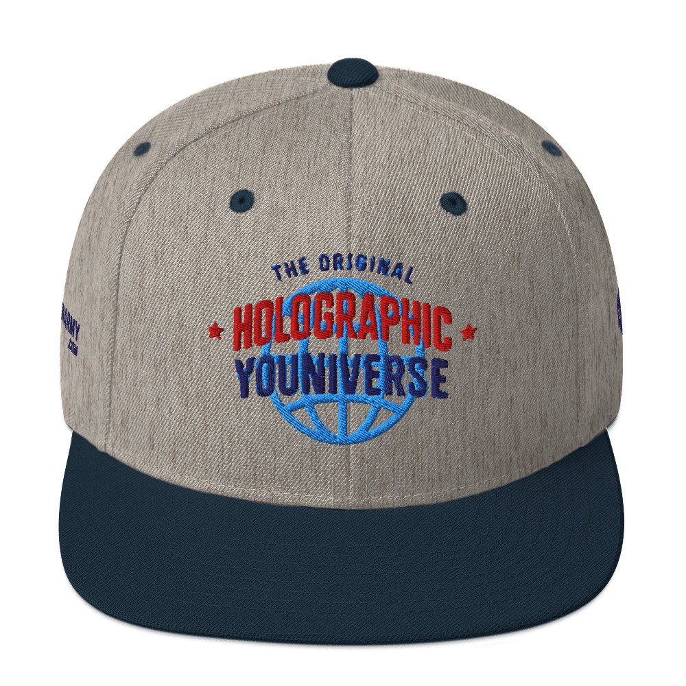 Holographic YOUniverse Snapback Cap – Holographic Universe Clothes Unisex (Navy Text) - Image 17