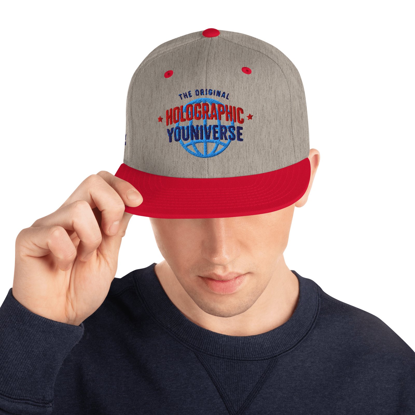 Holographic YOUniverse Snapback Cap – Holographic Universe Clothes Unisex (Navy Text) - Image 5