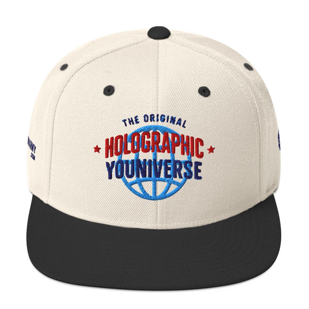 Holographic YOUniverse Snapback Cap – Holographic Universe Clothes Unisex (Navy Text) - Image 25