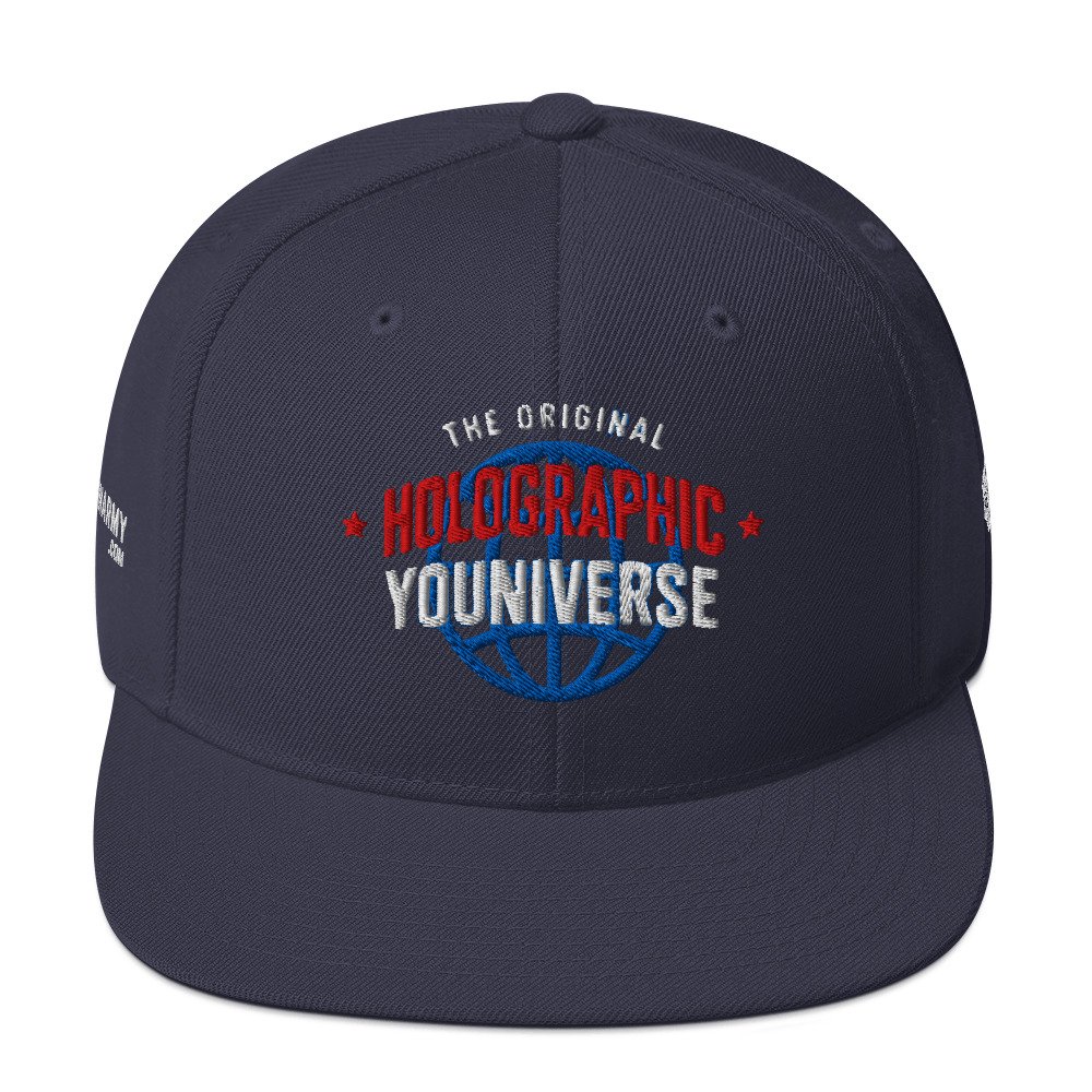 Holographic YOUniverse Snapback Cap – Holographic Universe Clothes Unisex (White Text) - Image 29