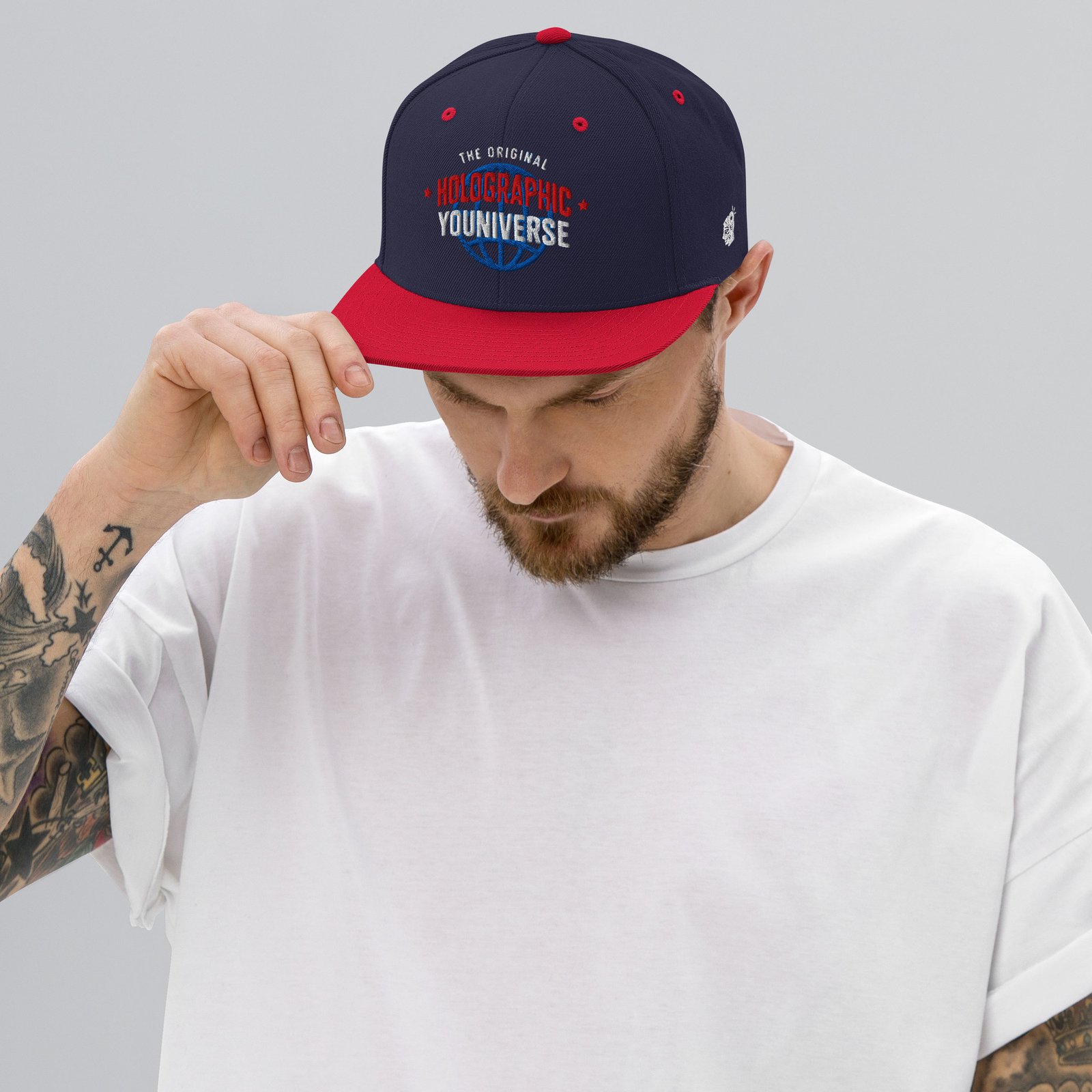 Holographic YOUniverse Snapback Cap – Holographic Universe Clothes Unisex (White Text) - Image 6