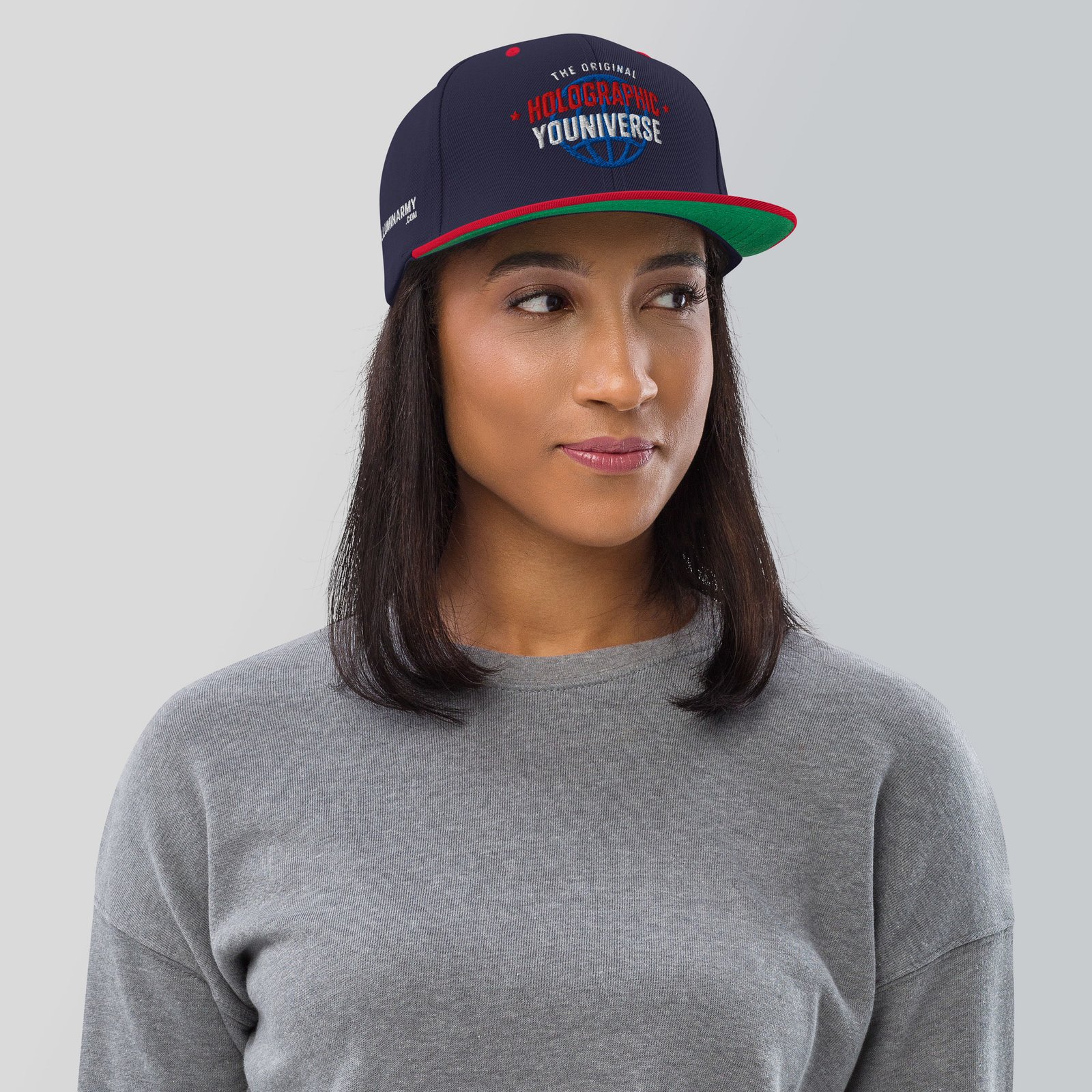 Holographic YOUniverse Snapback Cap – Holographic Universe Clothes Unisex (White Text) - Image 7