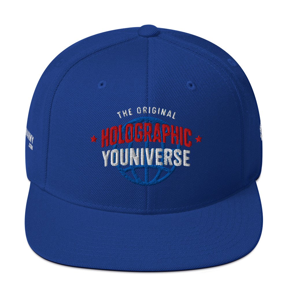 Holographic YOUniverse Snapback Cap – Holographic Universe Clothes Unisex (White Text) - Image 25