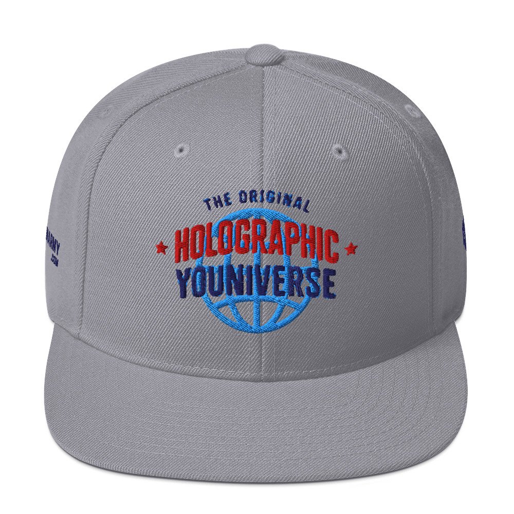 Holographic YOUniverse Snapback Cap – Holographic Universe Clothes Unisex (Navy Text) - Image 9
