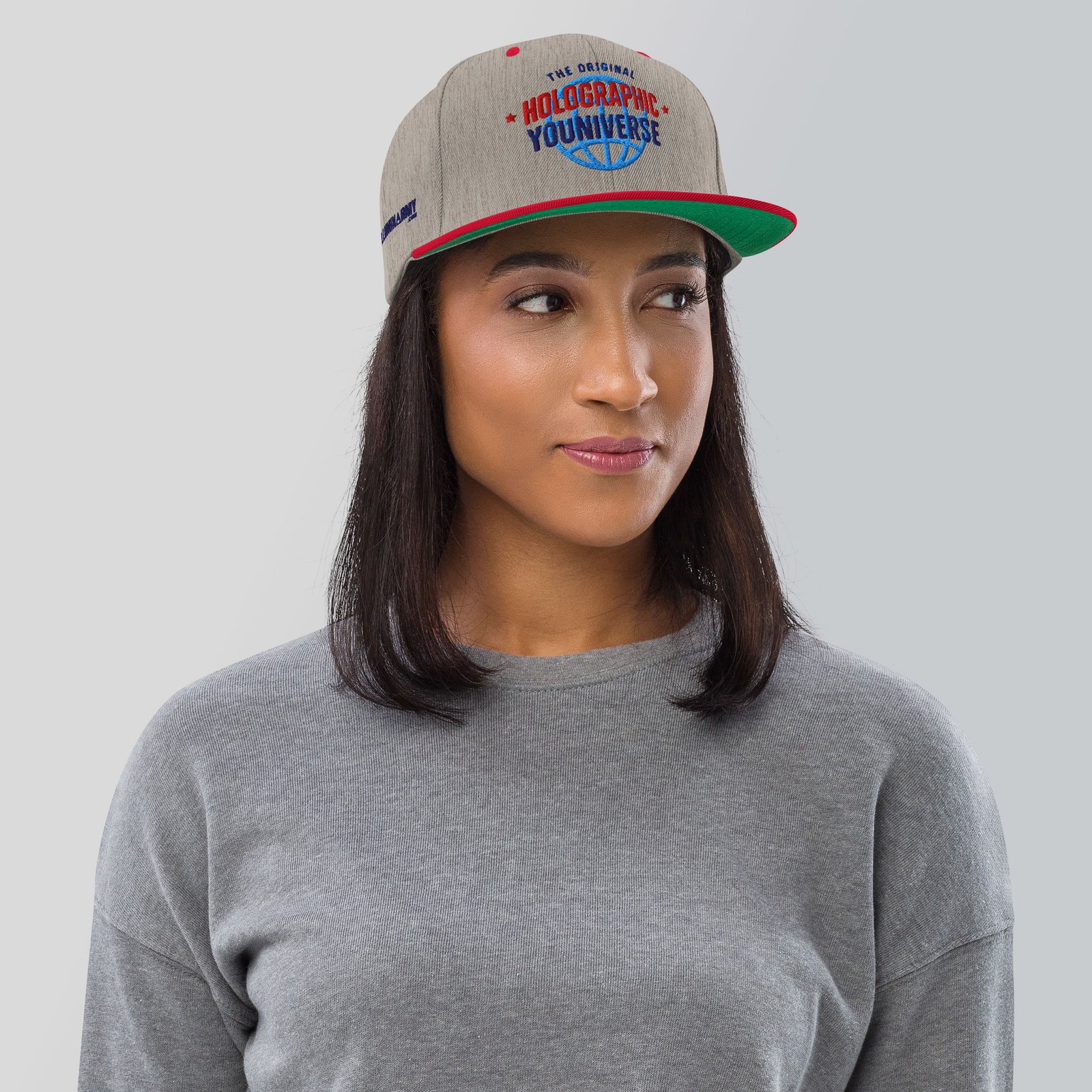 Holographic YOUniverse Snapback Cap – Holographic Universe Clothes Unisex (Navy Text) - Image 6