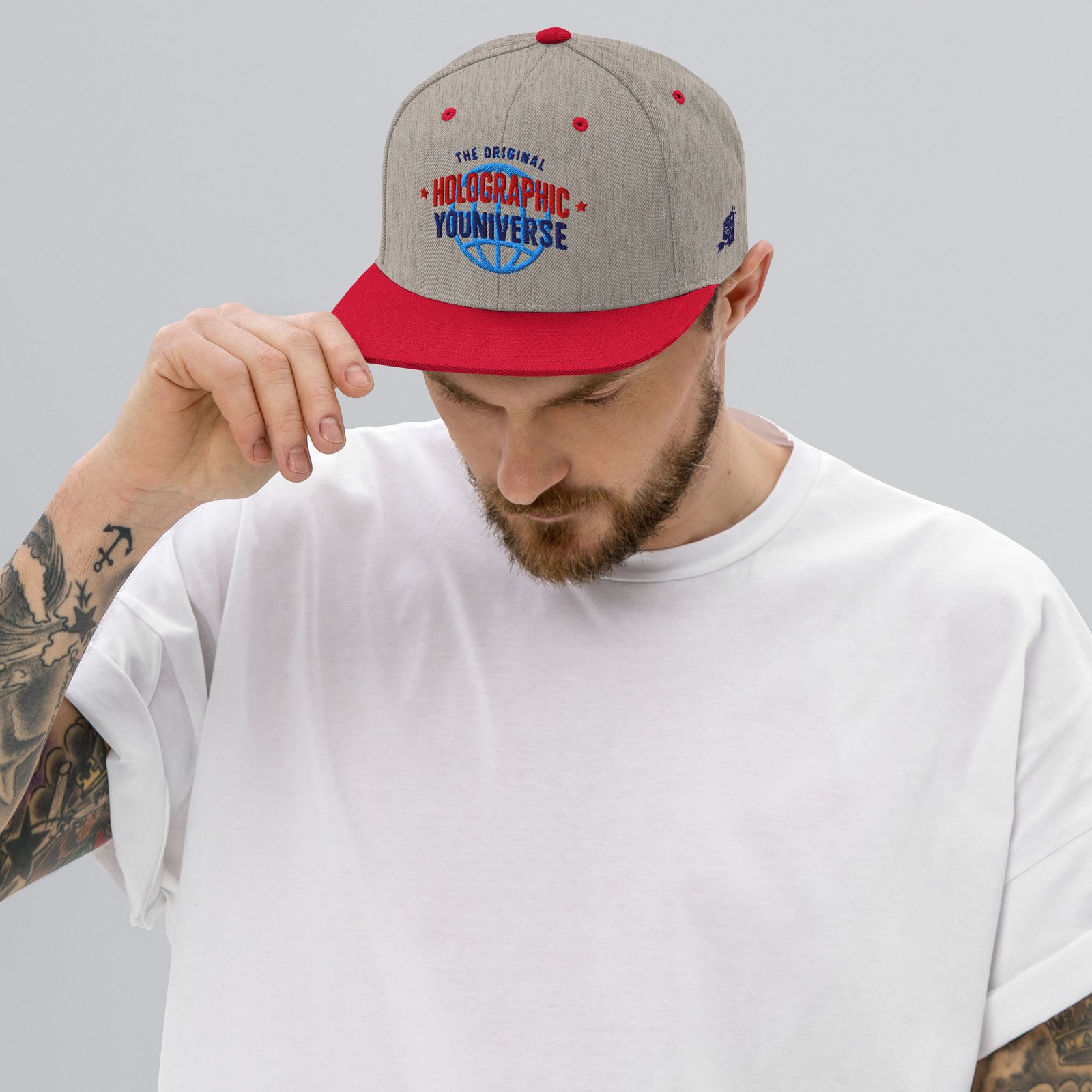 Holographic YOUniverse Snapback Cap – Holographic Universe Clothes Unisex (Navy Text) - Image 5