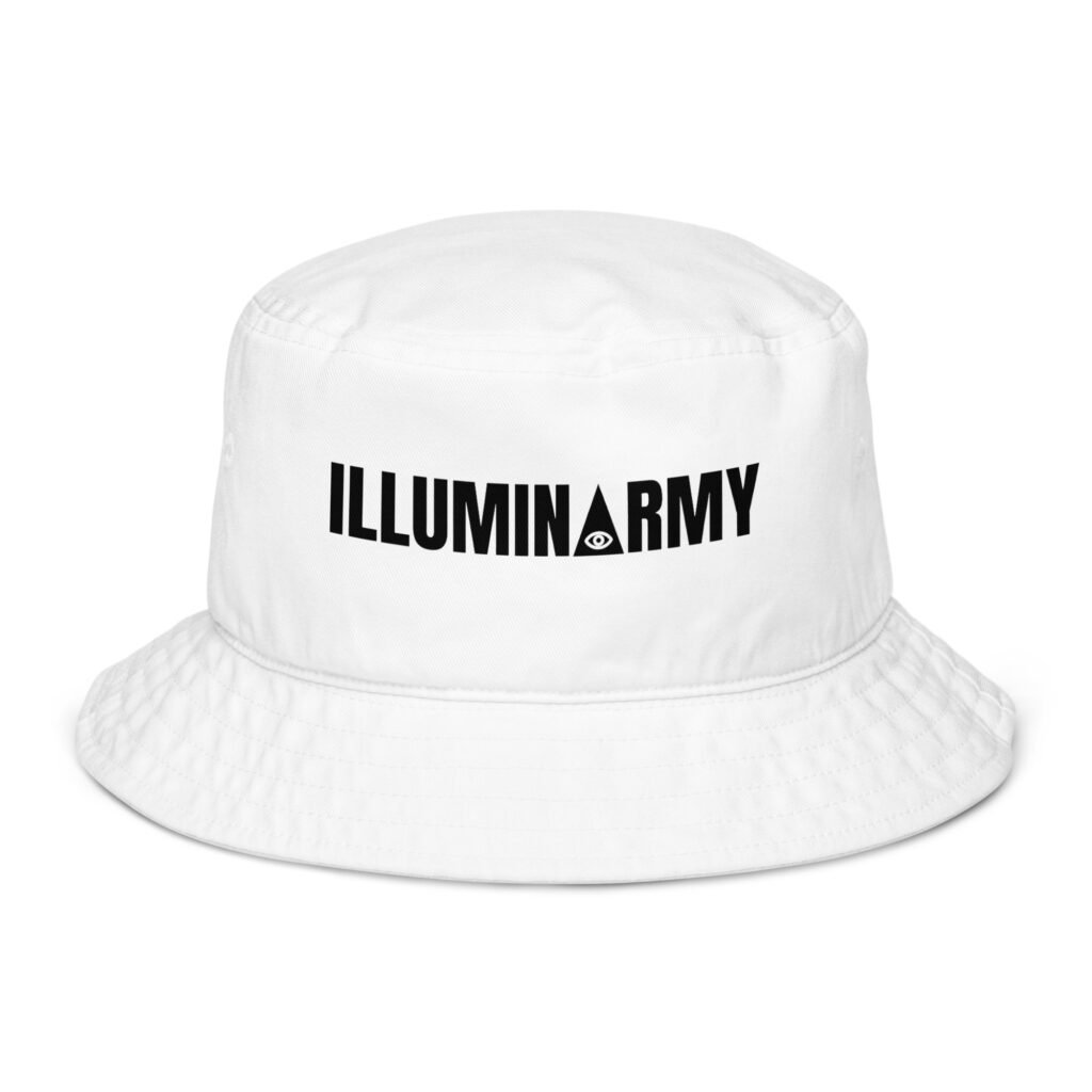 Illuminarmy Bucket Hat – Unisex Organic Pure Cotton Illuminati Summer Hat (Black Text)