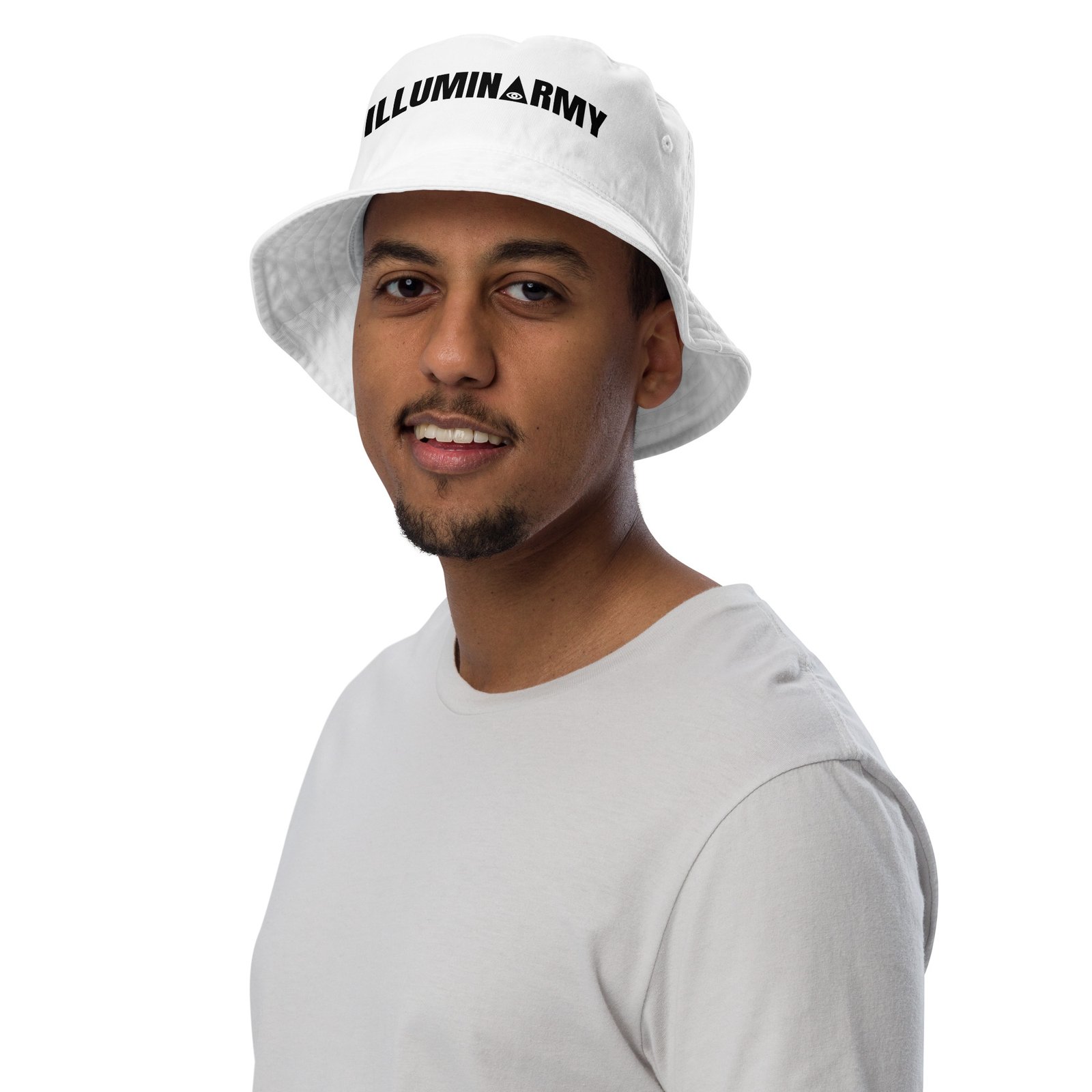 Illuminarmy Bucket Hat – Unisex Organic Pure Cotton Illuminati Summer Hat (Black Text) - Image 5