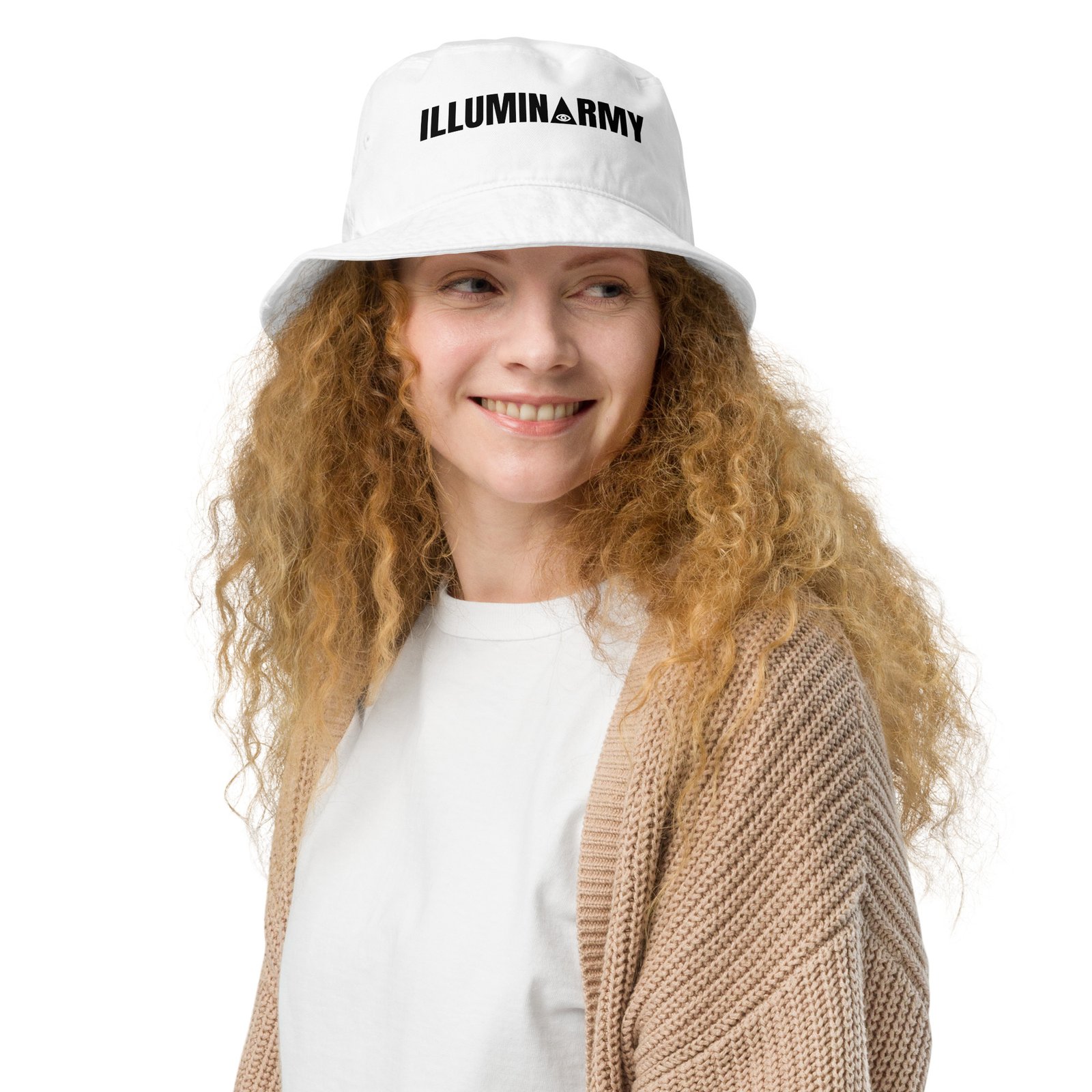 Illuminarmy Bucket Hat – Unisex Organic Pure Cotton Illuminati Summer Hat (Black Text) - Image 6