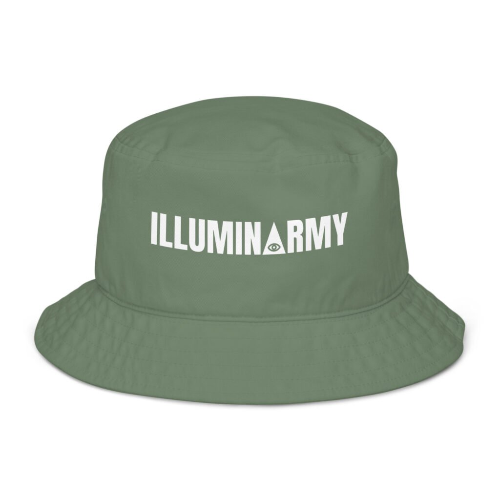 Illuminarmy Bucket Hat – Unisex Organic Pure Cotton Illuminati Summer Hat (White Text)