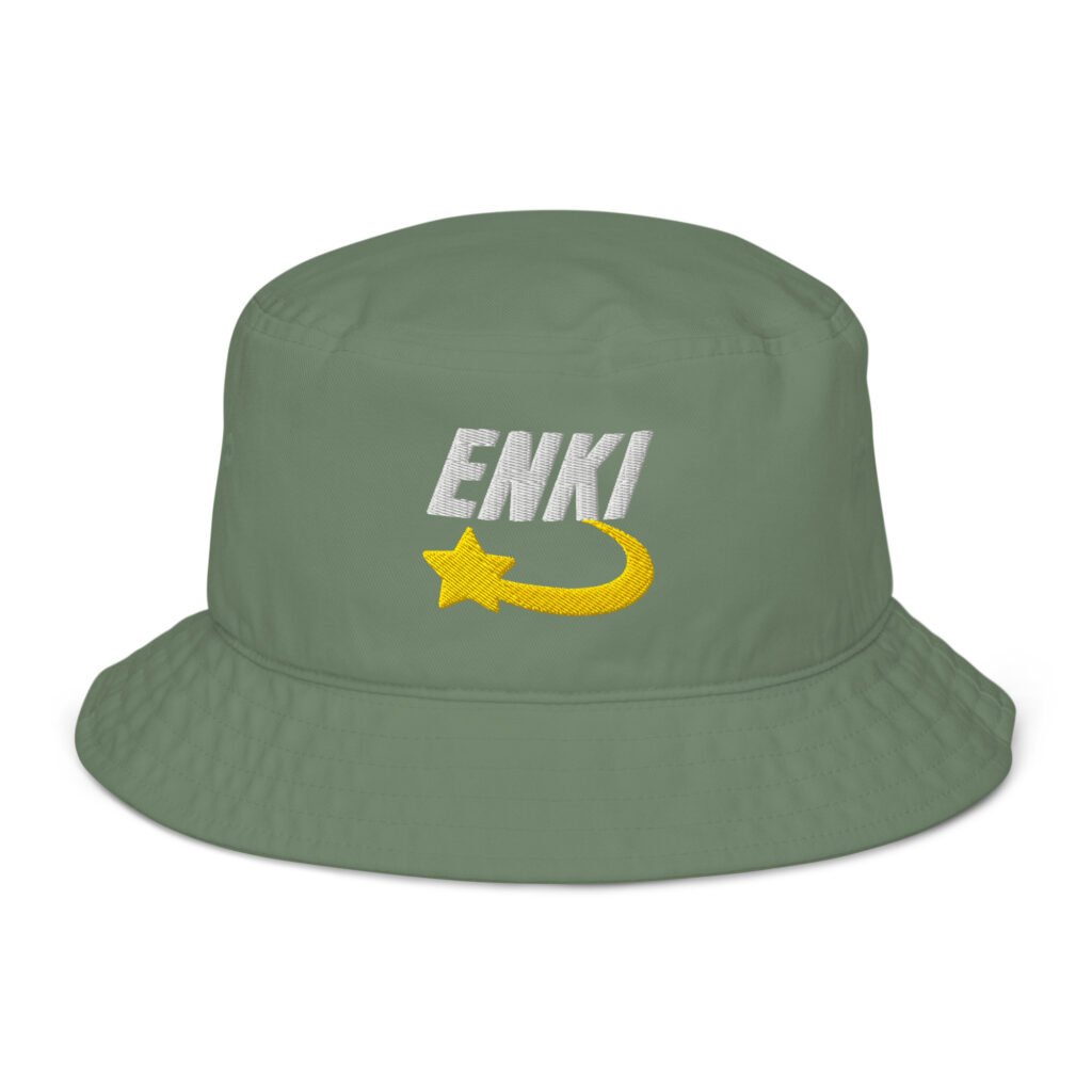 Enki Bucket Hat – Unisex Organic Pure Cotton Summer Hat | Mind Expanding Clothes (White Text)