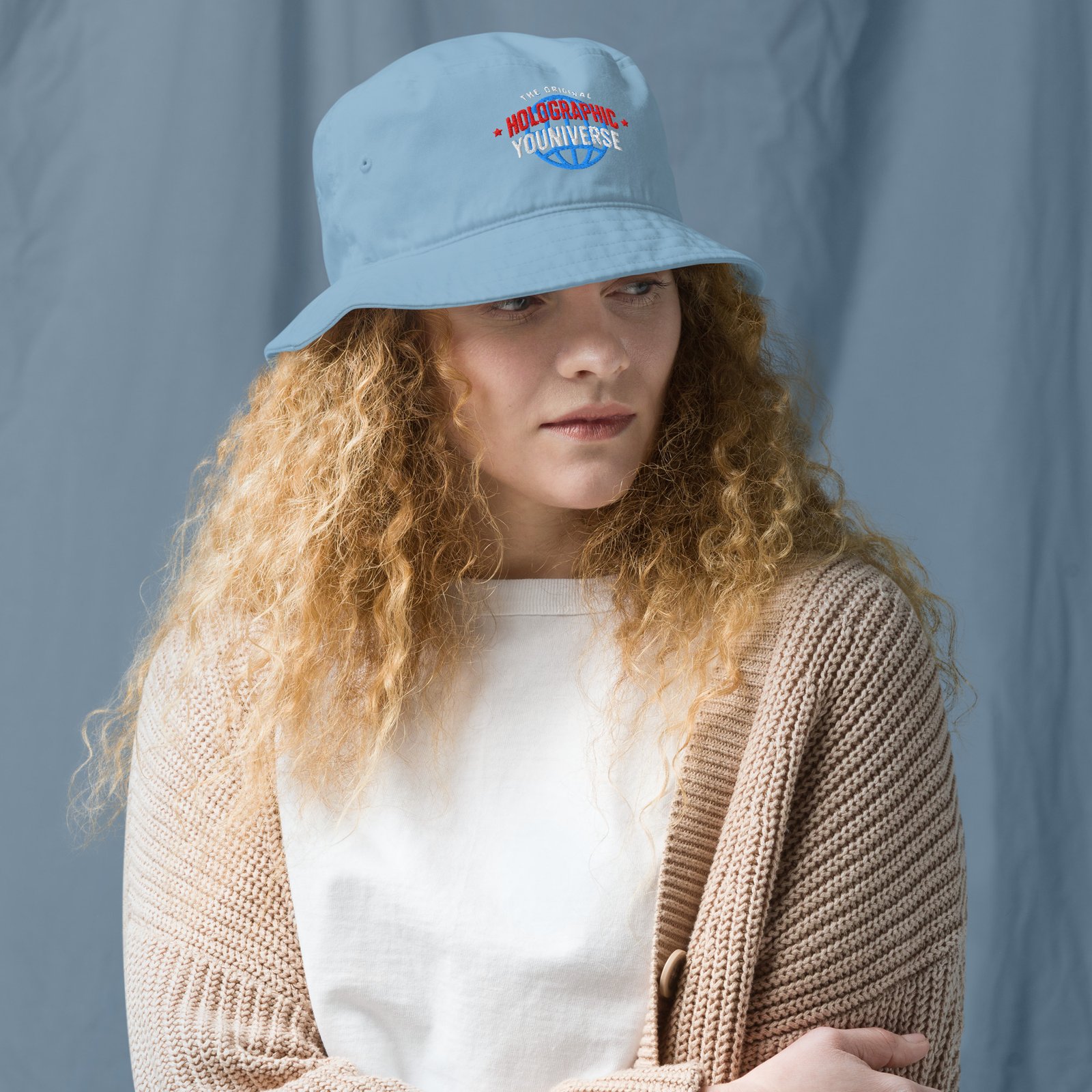 Holographic YOUniverse Bucket Hat – Unisex Organic Pure Cotton Summer Hat (White Text) - Image 8