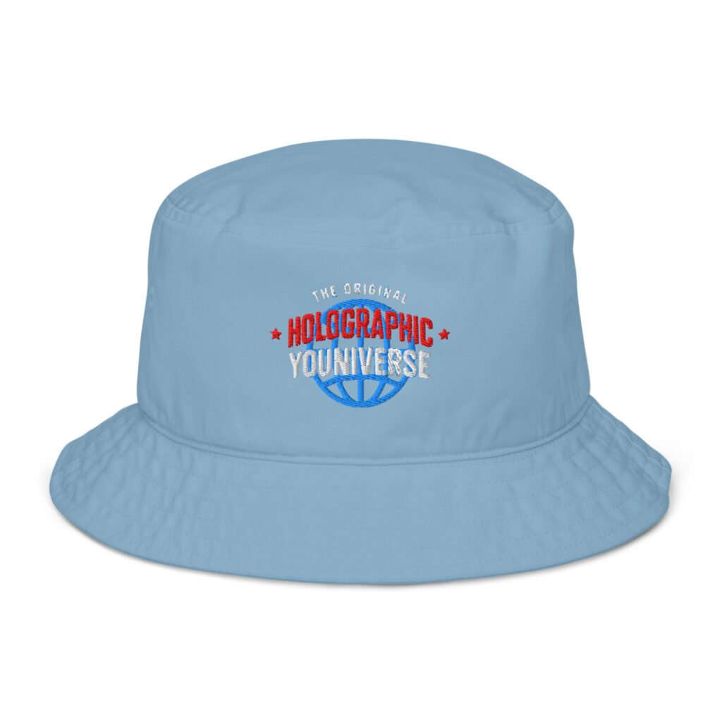 Holographic YOUniverse Bucket Hat – Unisex Organic Pure Cotton Summer Hat (White Text)